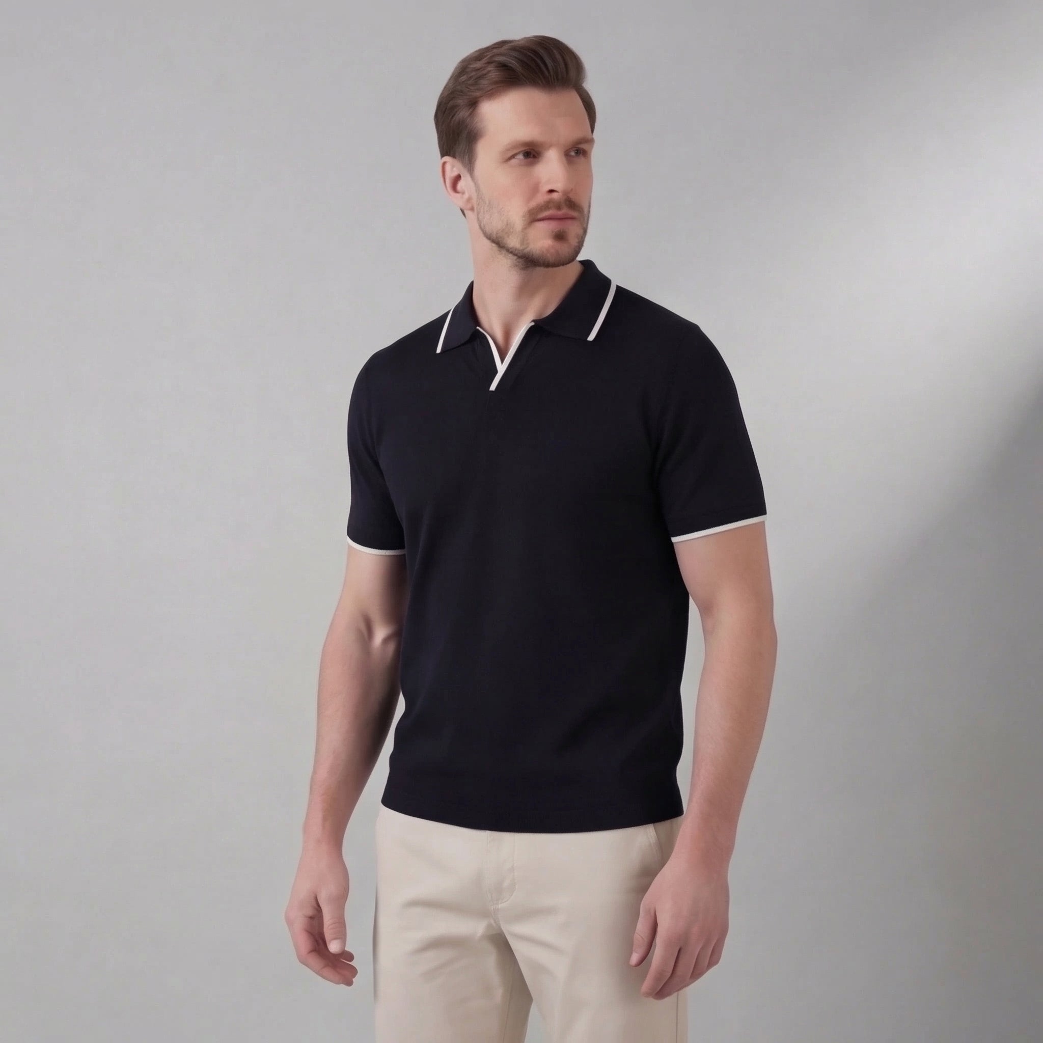 Herren Strick Polohemd Mit Weißem Rand