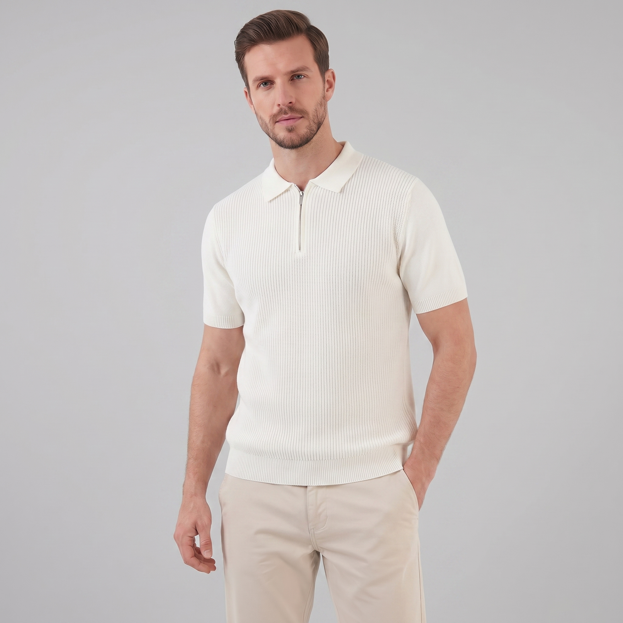 Herren Strick Polo Mit Reißverschluss Am Kragen