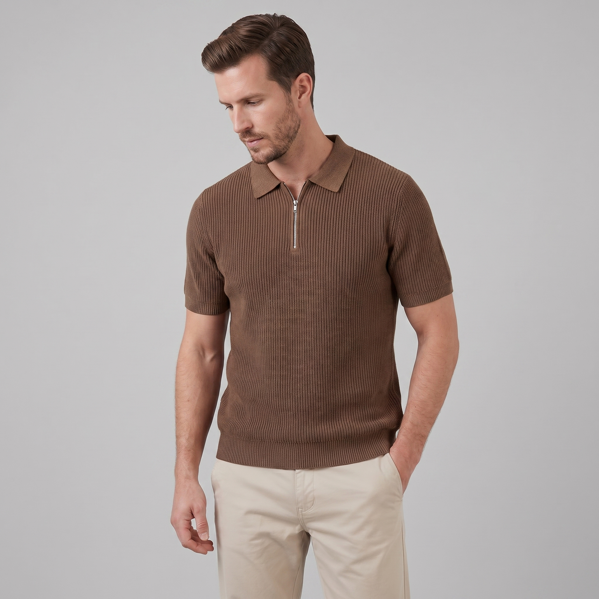 Herren Strick Polo Mit Reißverschluss Am Kragen