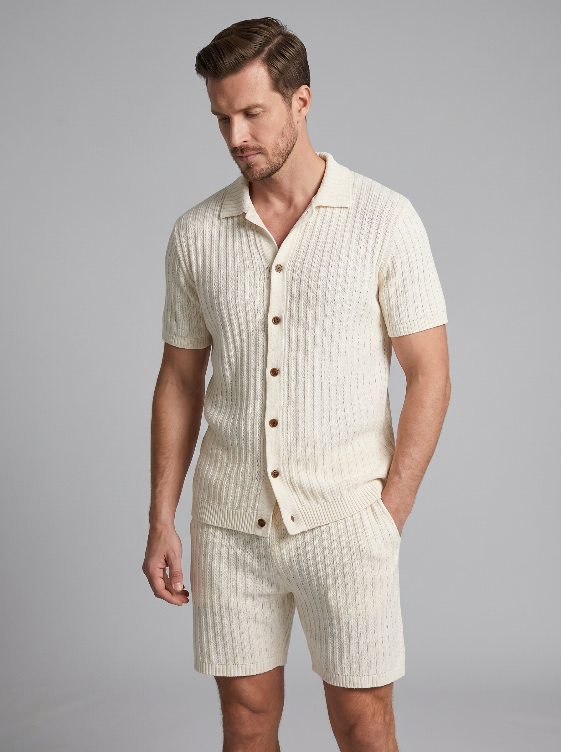 Herren Gestricktes Kurzarmhemd Und Shorts Set