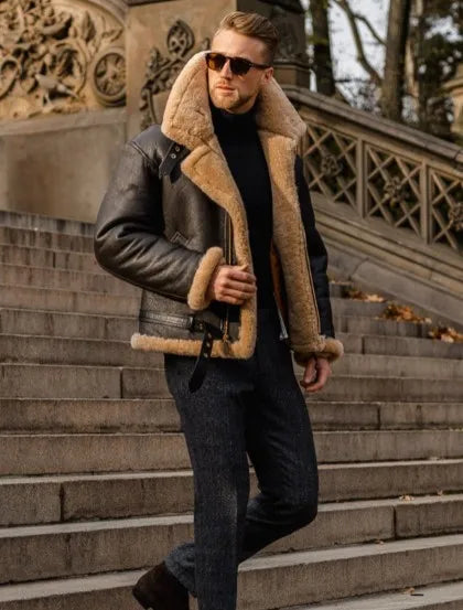 Men's Leather Aviator Jacket with Sherpa Lining
