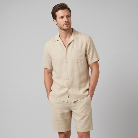 Herren Leinen Camp Kragen Hemd Und Shorts Set