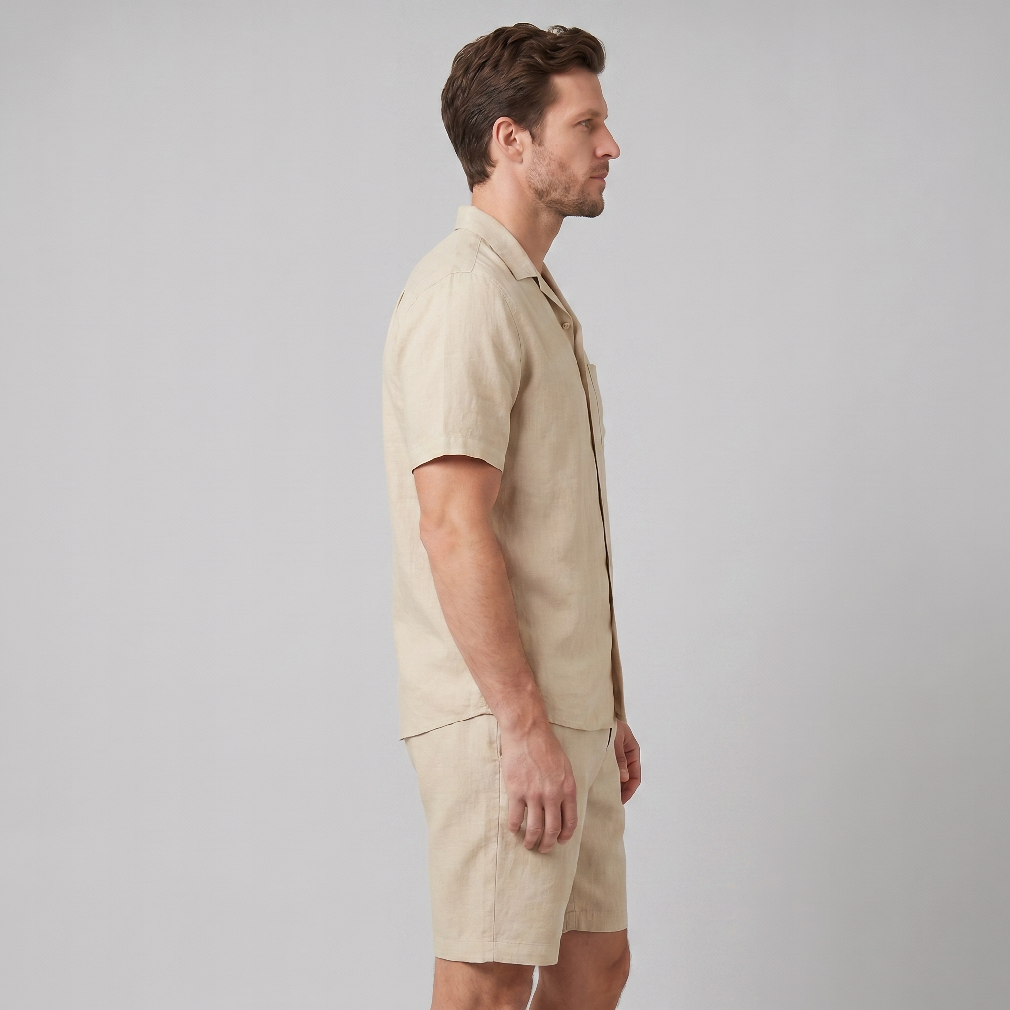 Herren Leinen Camp Kragen Hemd Und Shorts Set