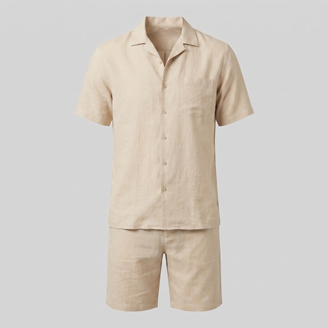 Herren Leinen Camp Kragen Hemd Und Shorts Set