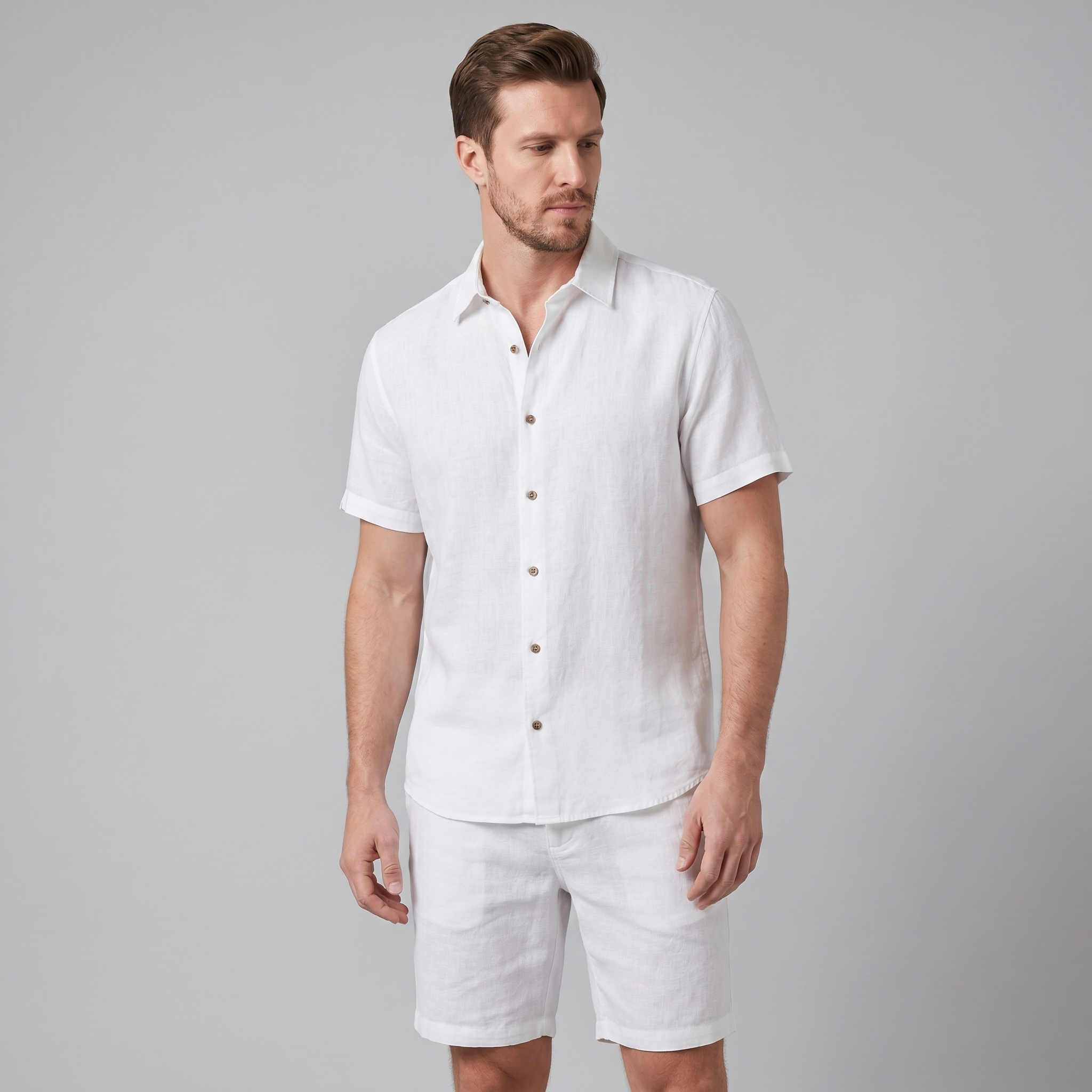 Herren Leinen Camp Kragen Hemd Und Shorts Set