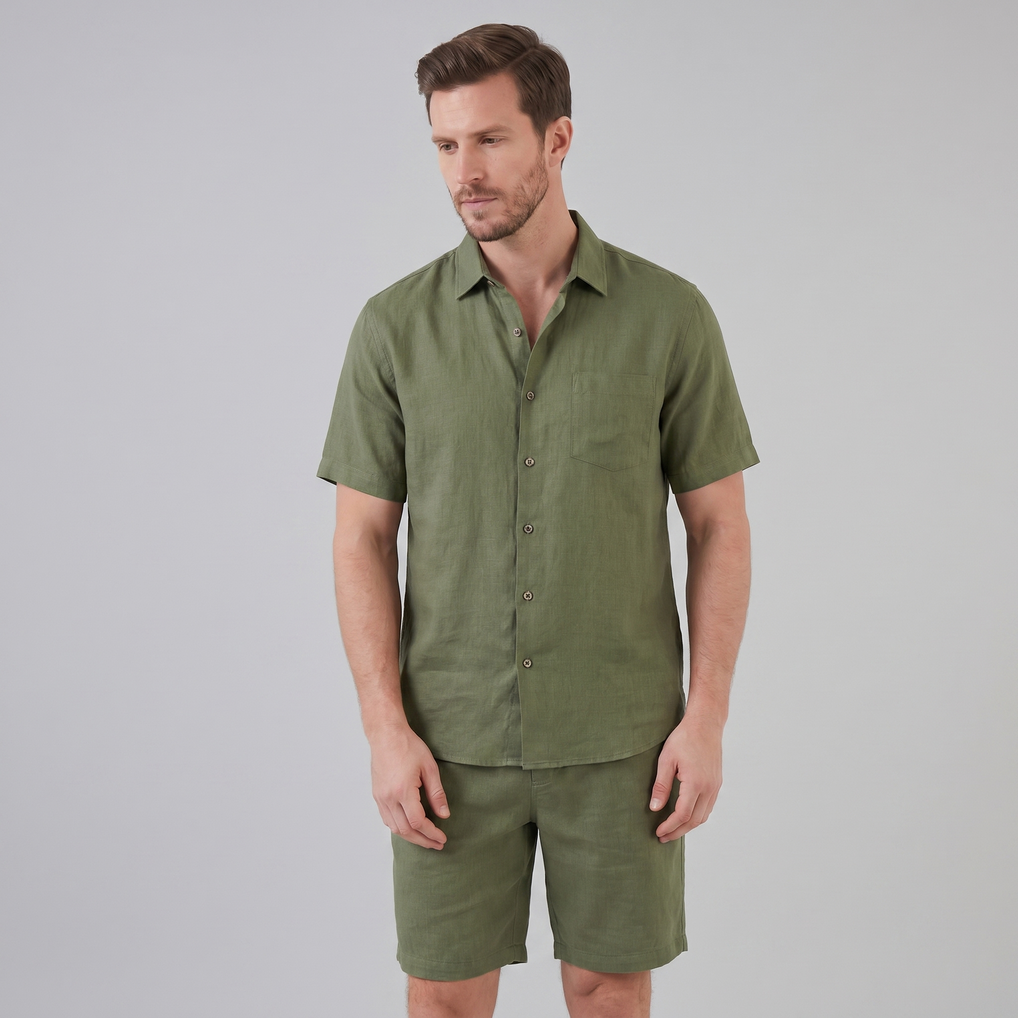 Herren Leinen Camp Kragen Hemd Und Shorts Set