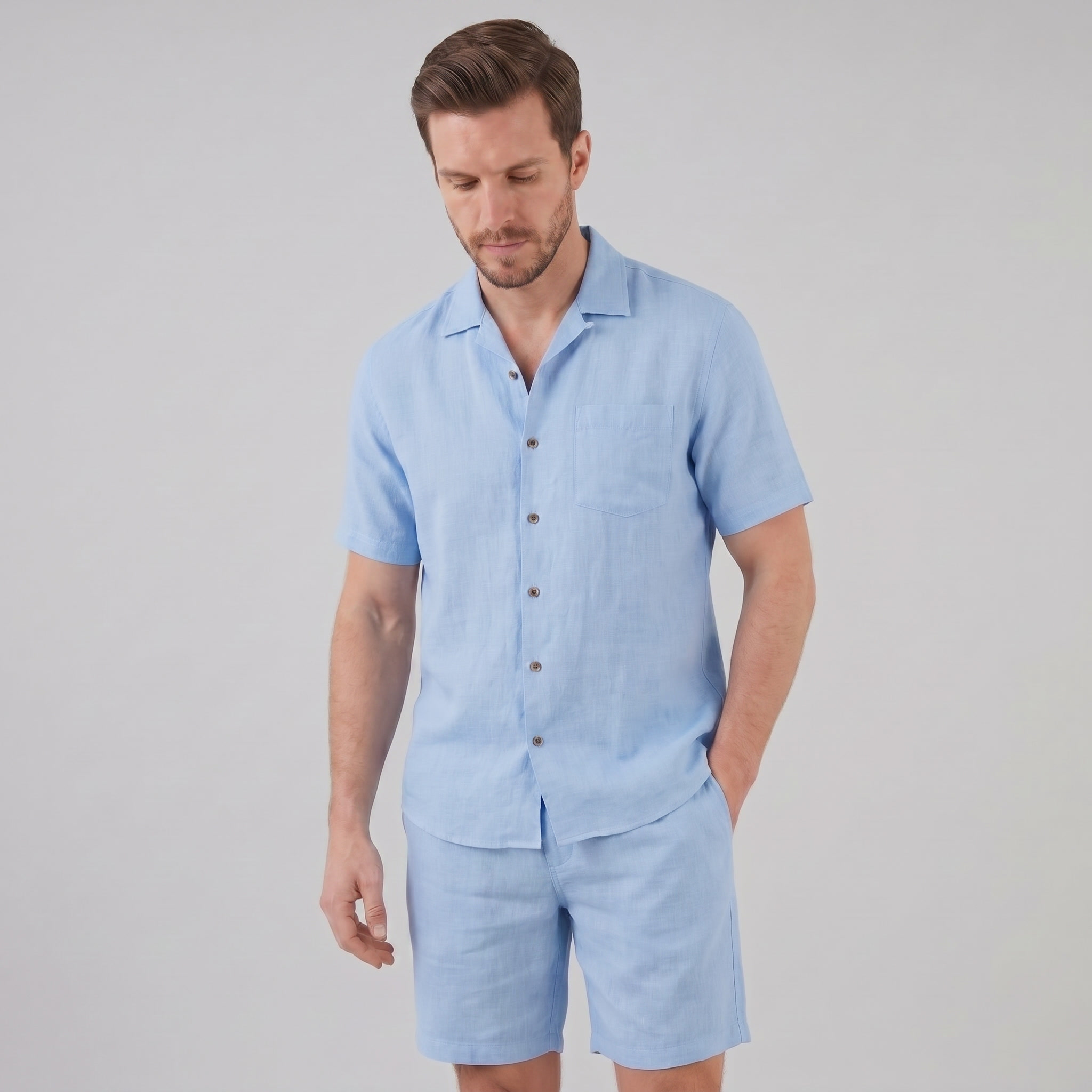 Herren Leinen Camp Kragen Hemd Und Shorts Set