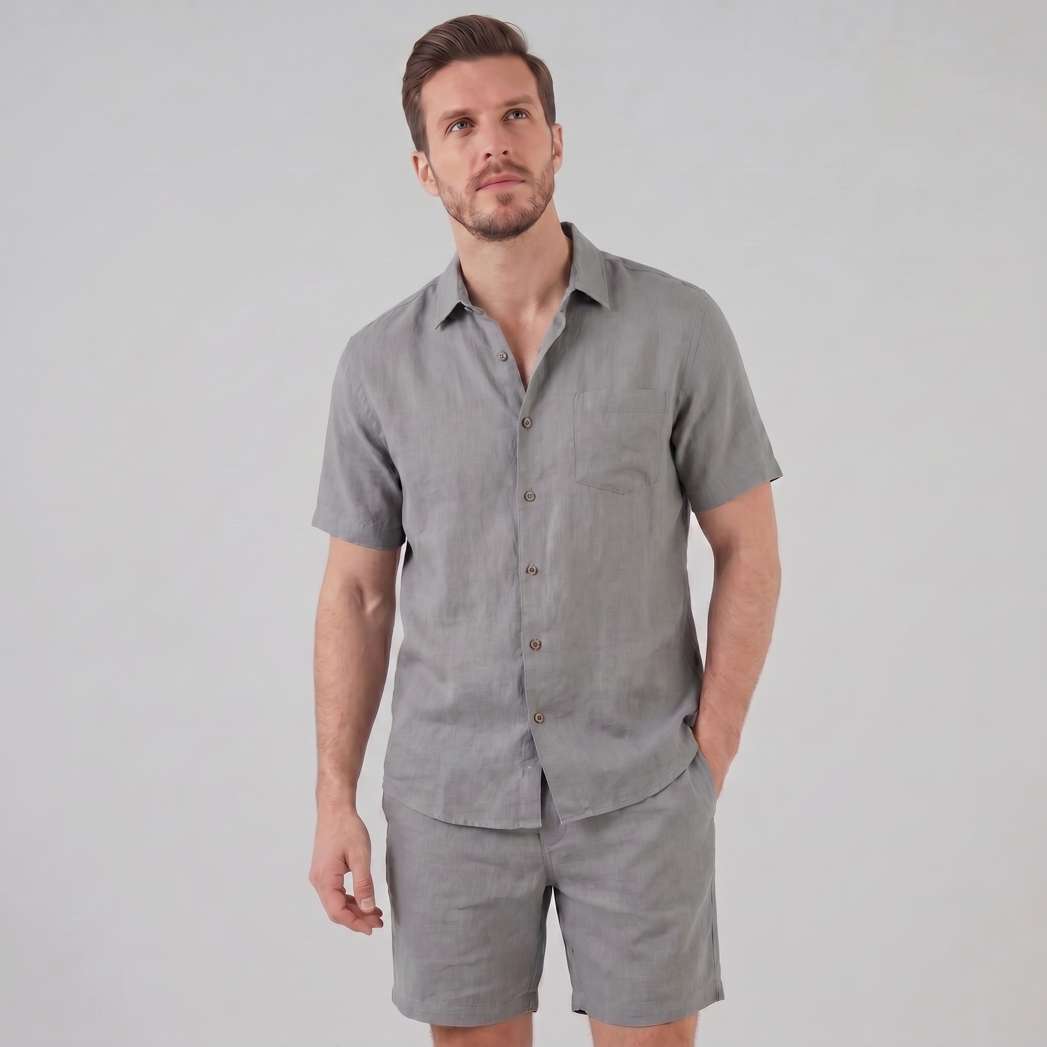 Herren Leinen Camp Kragen Hemd Und Shorts Set