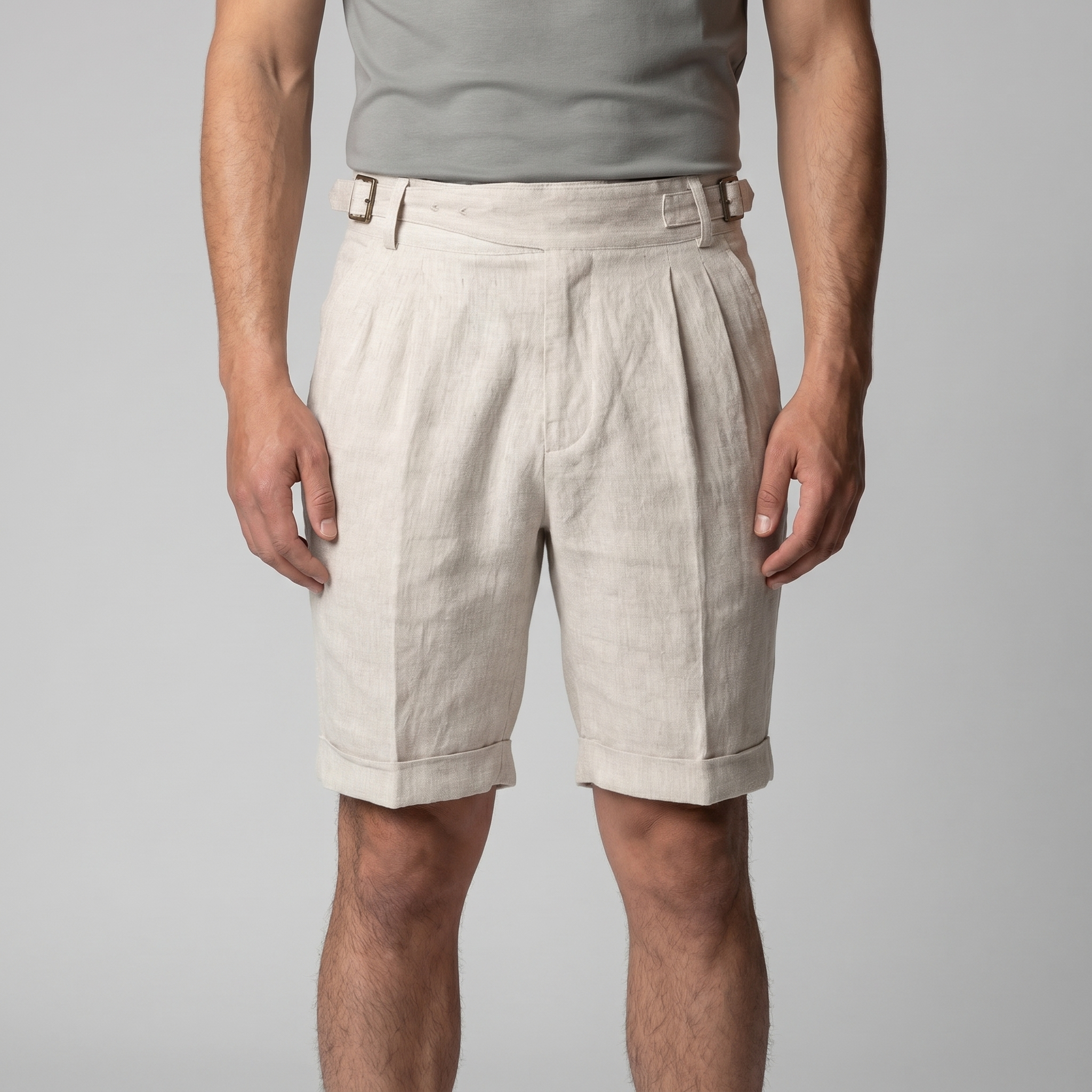 Herren Leinen Klassische Shorts Mit Verstellbarem Bund Und Falten