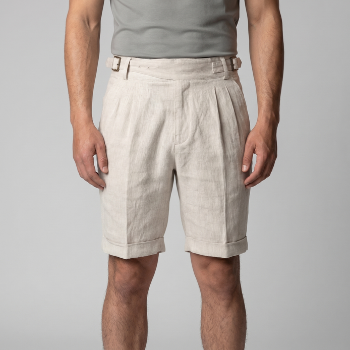 Herren Leinen Klassische Shorts Mit Verstellbarem Bund Und Falten