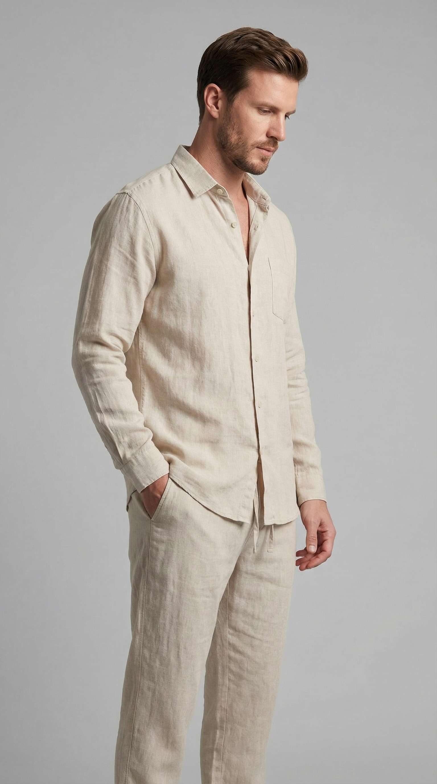 Herren Leinen Koordiniertes Set
