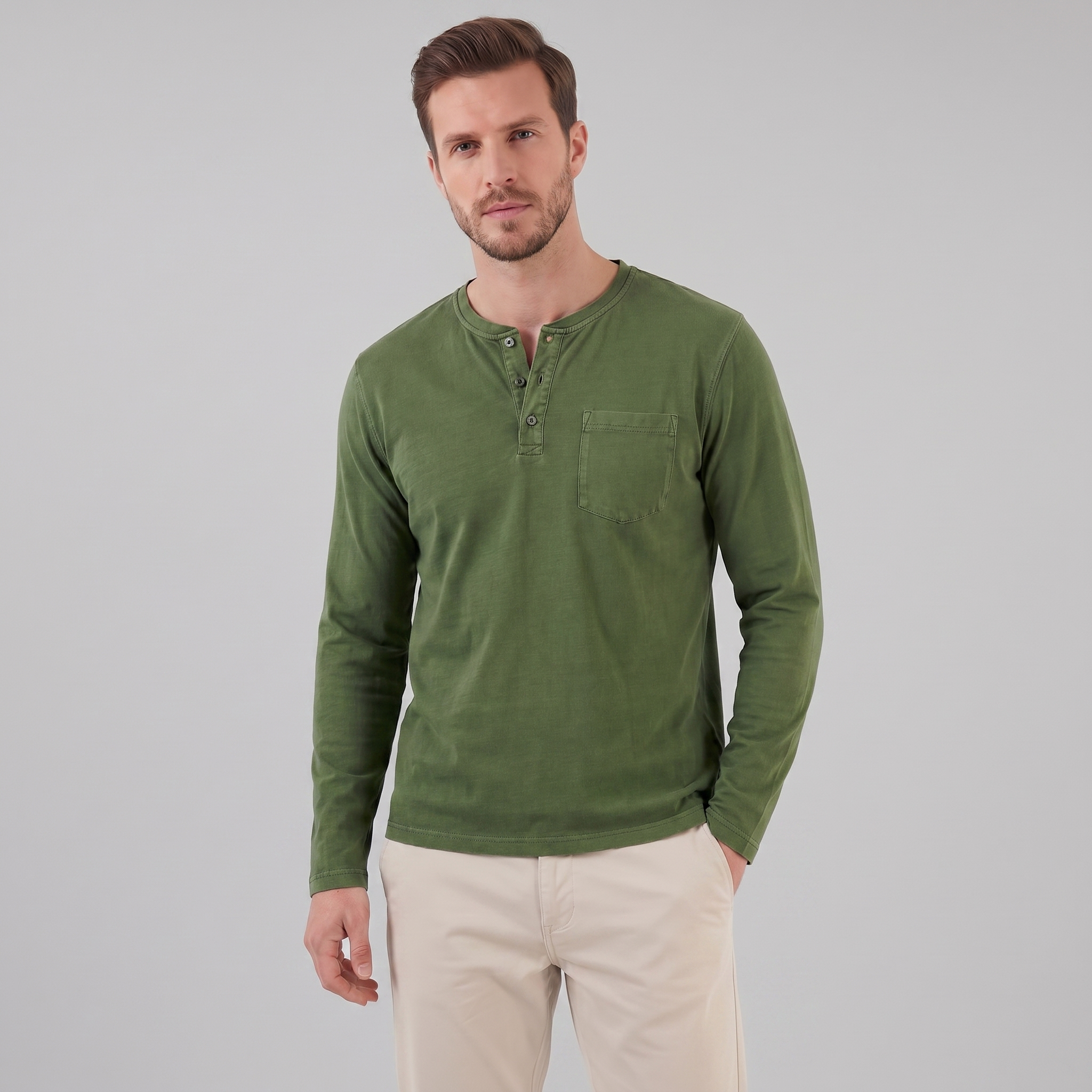 Herren Vintage Langarm Henleyhemd