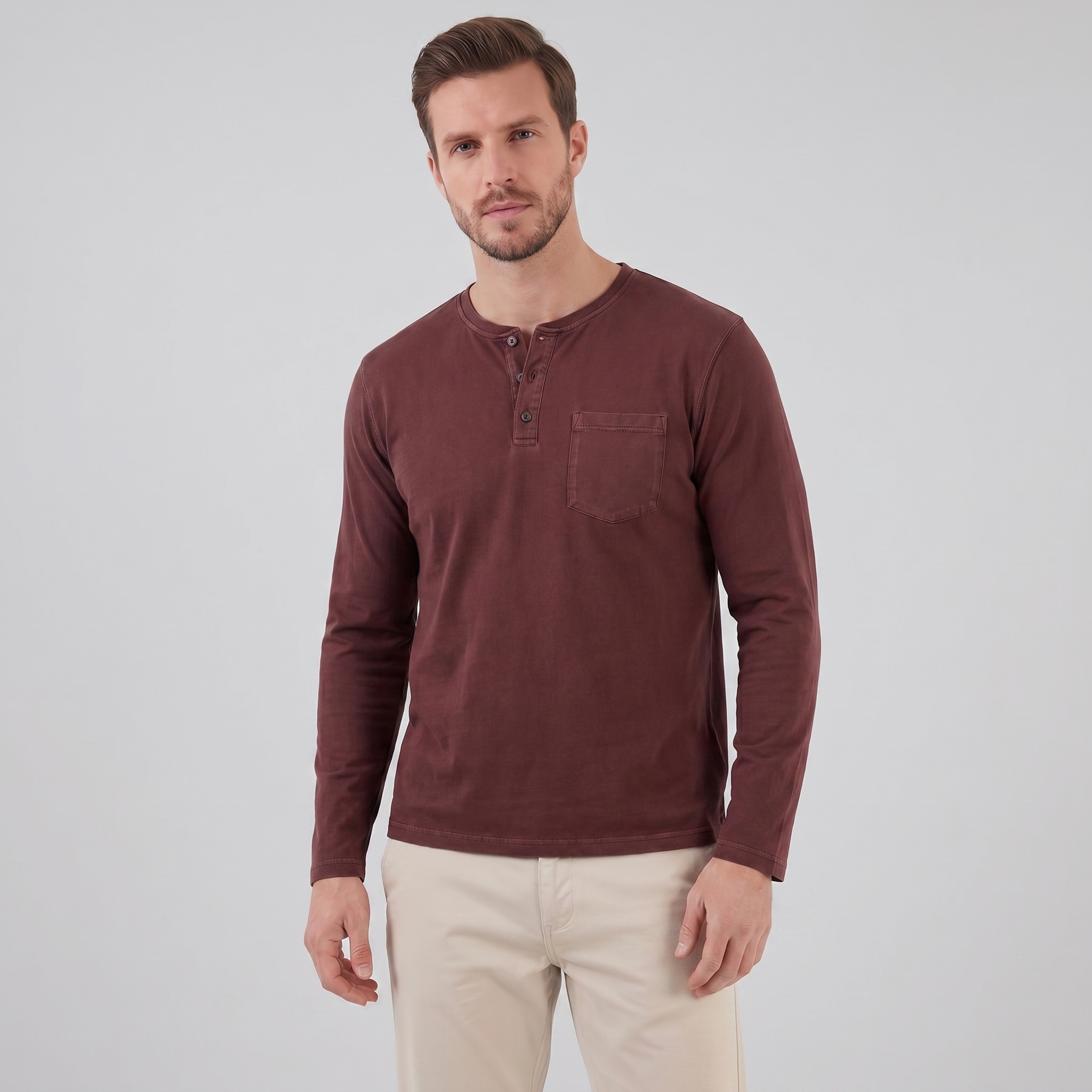Herren Vintage Langarm Henleyhemd