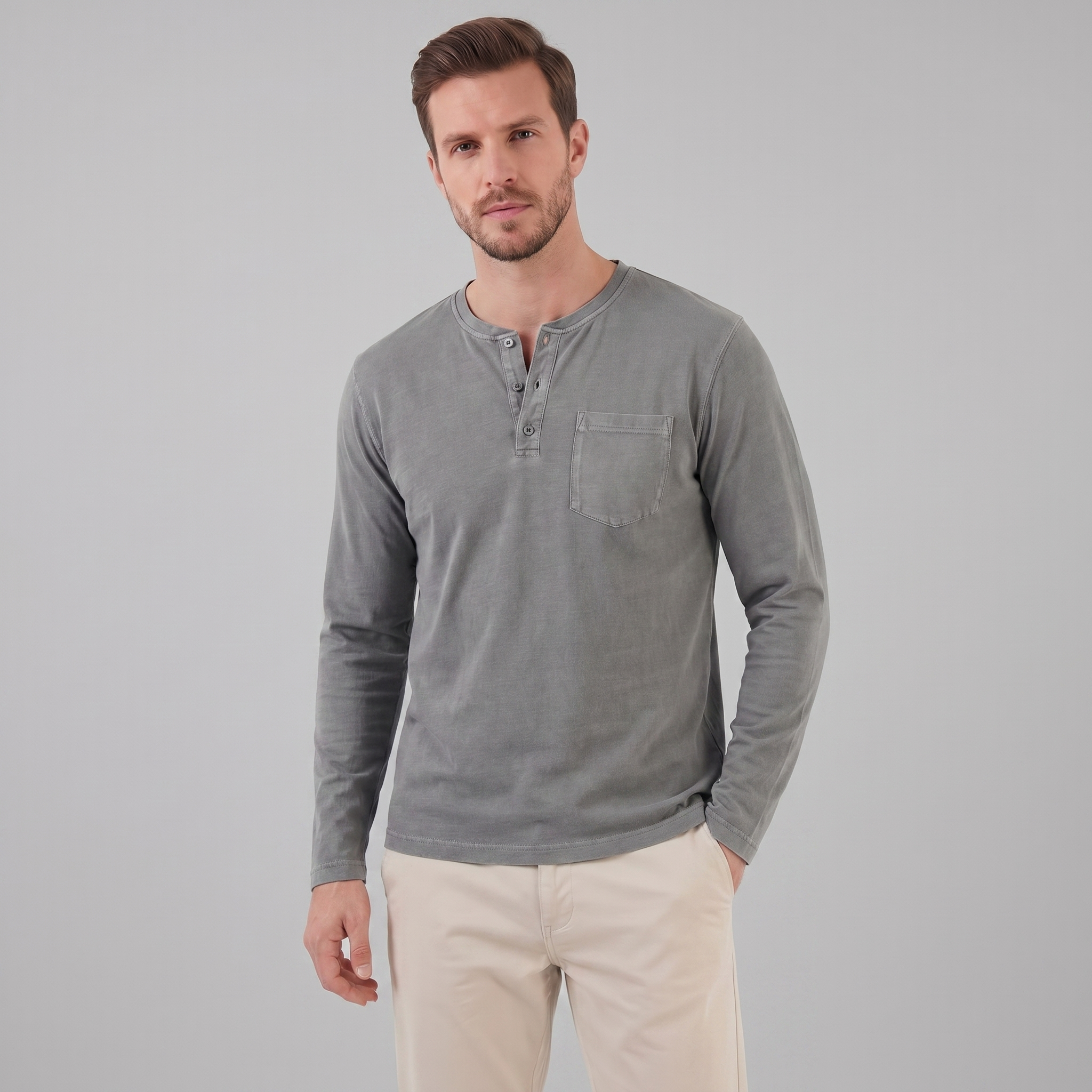 Herren Vintage Langarm Henleyhemd
