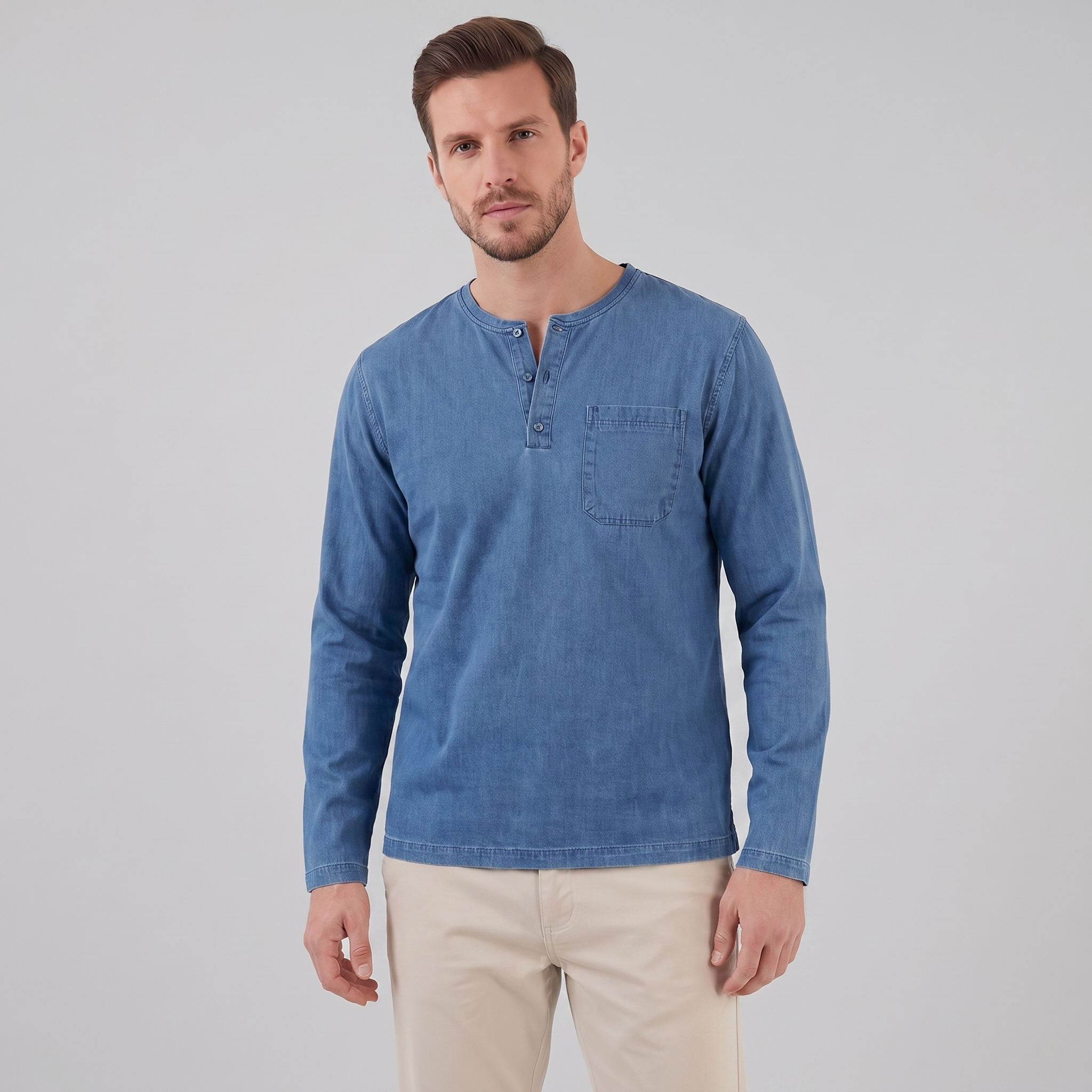 Herren Vintage Langarm Henleyhemd
