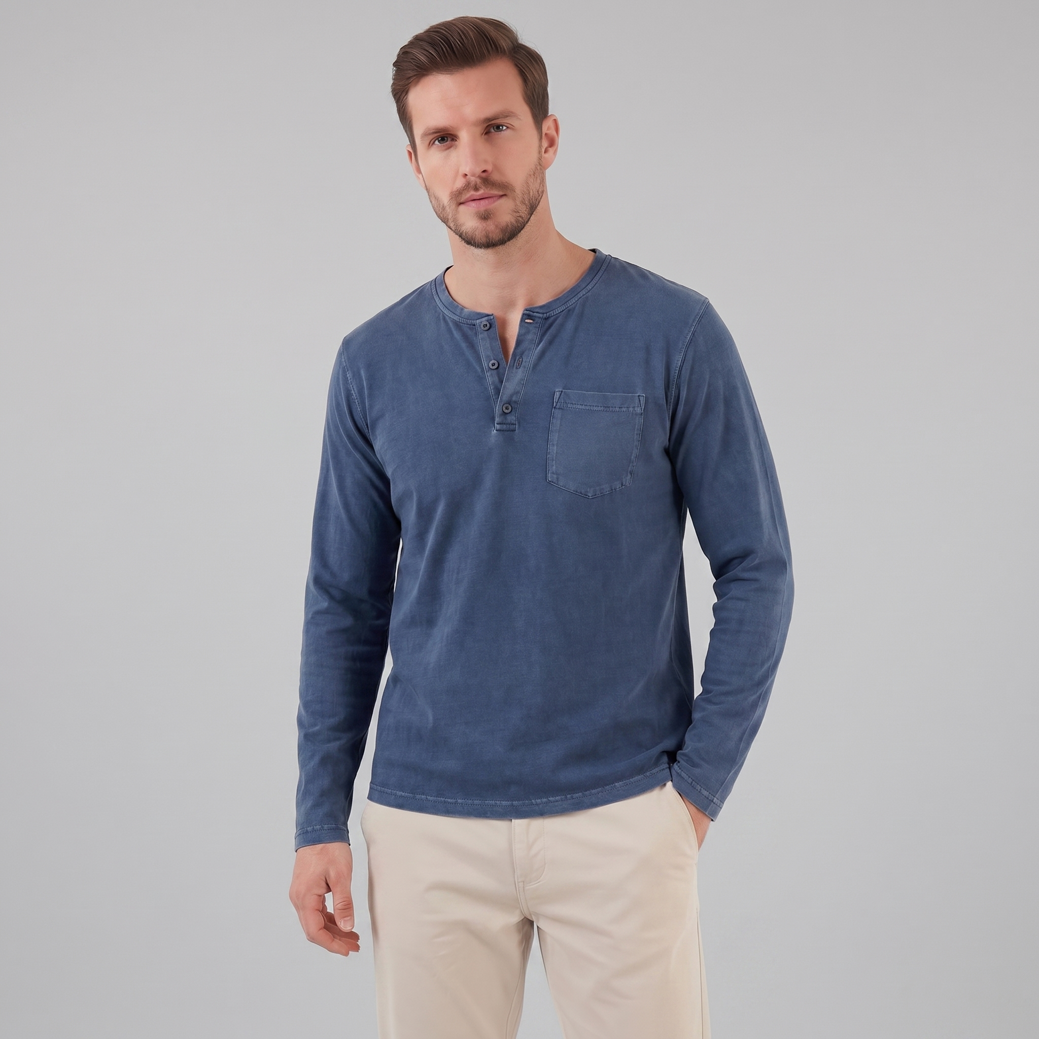 Herren Vintage Langarm Henleyhemd