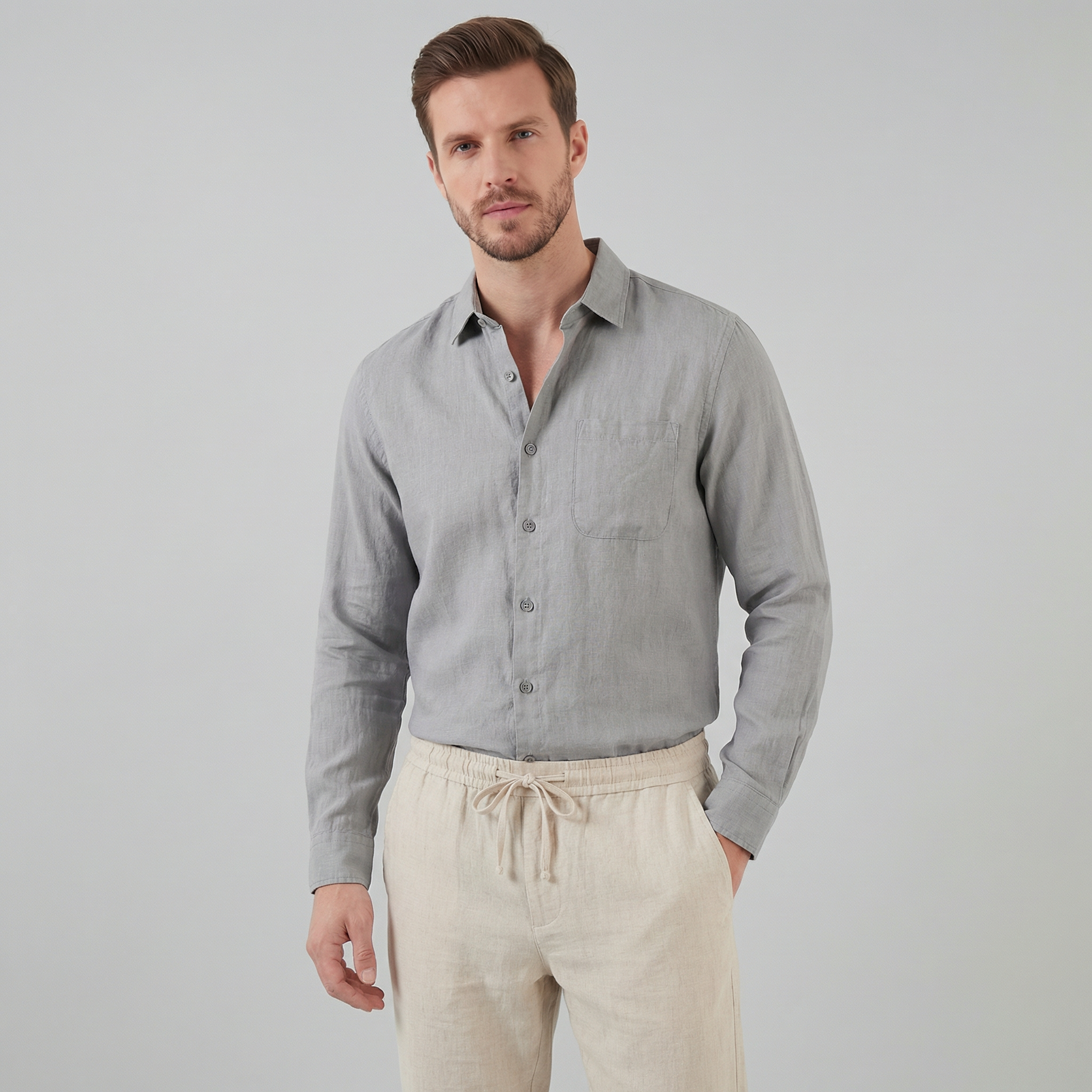 Herren Langarm Leinen Outfit Set