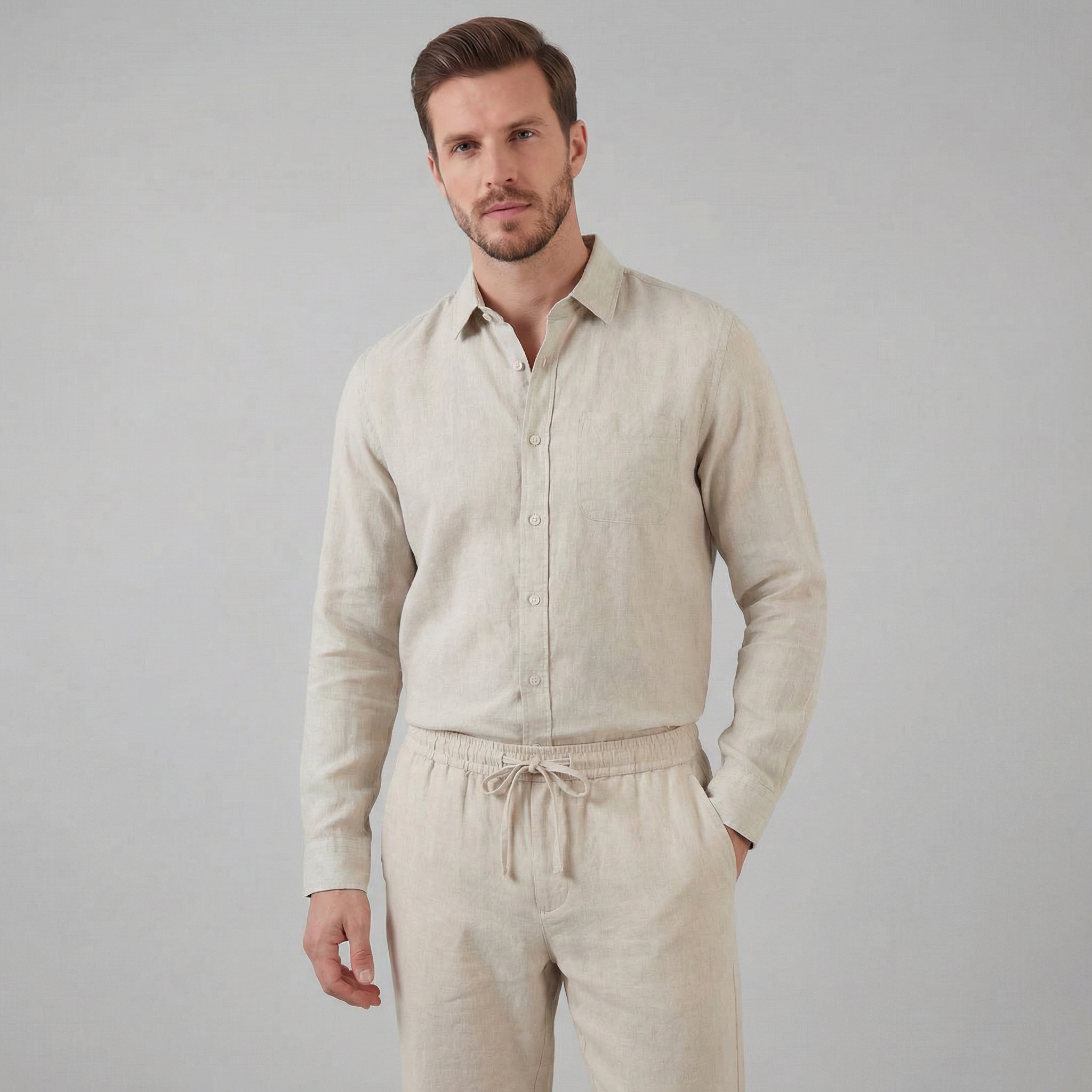 Herren Langarm Leinen Outfit Set