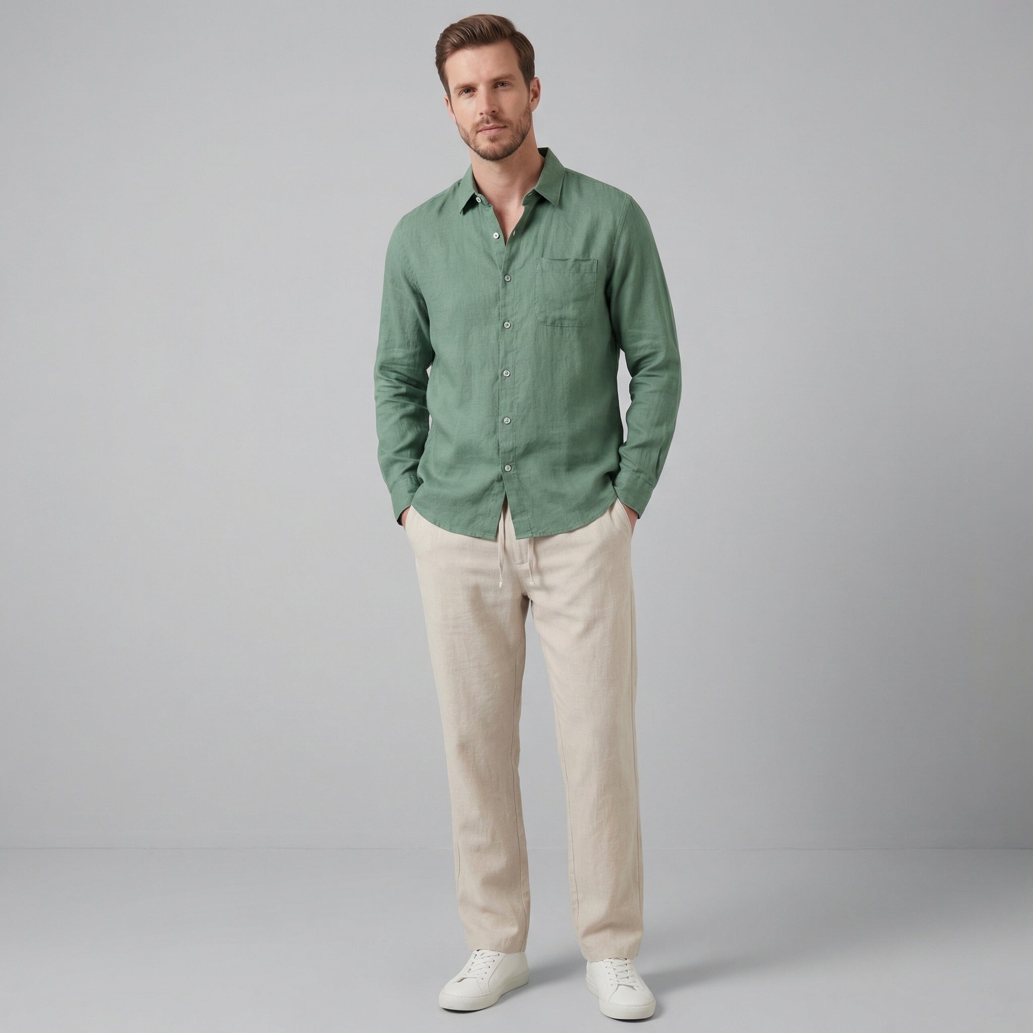 Herren Langarm Leinen Outfit Set