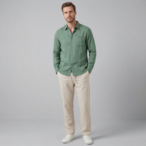 Herren Langarm Leinen Outfit Set