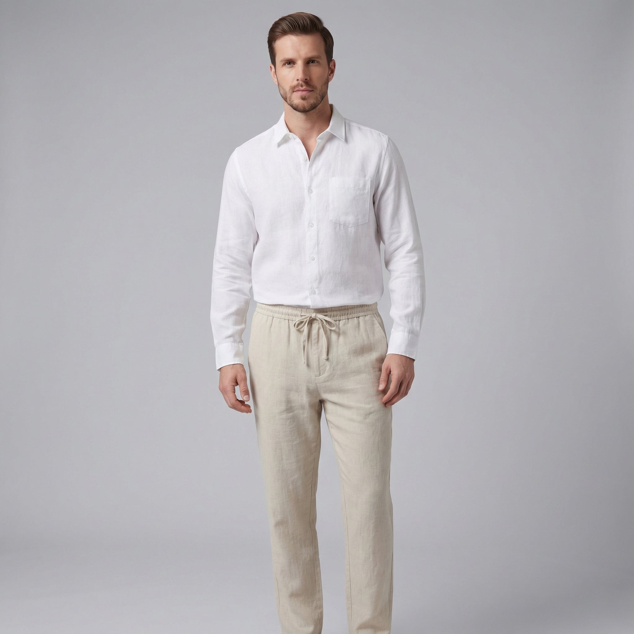 Herren Langarm Leinen Outfit Set