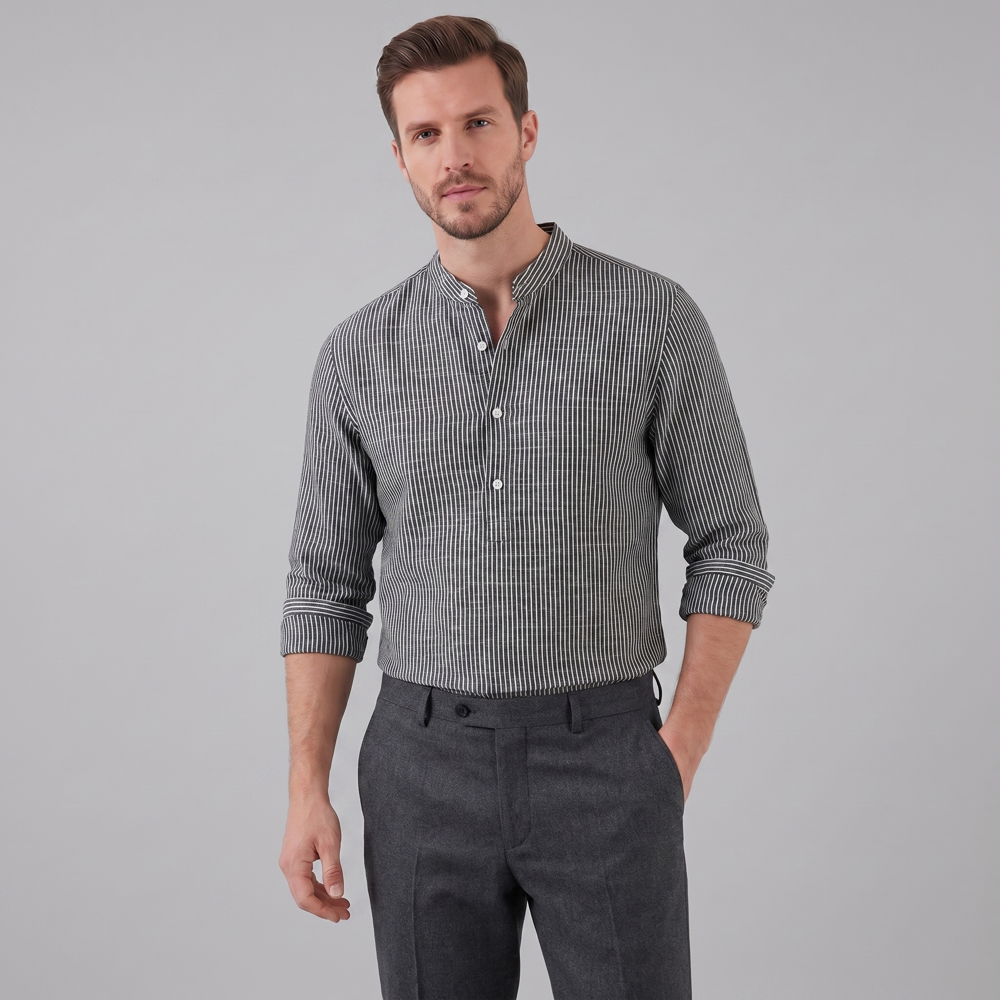 Herren Langarm Henley Shirt mit Streifen