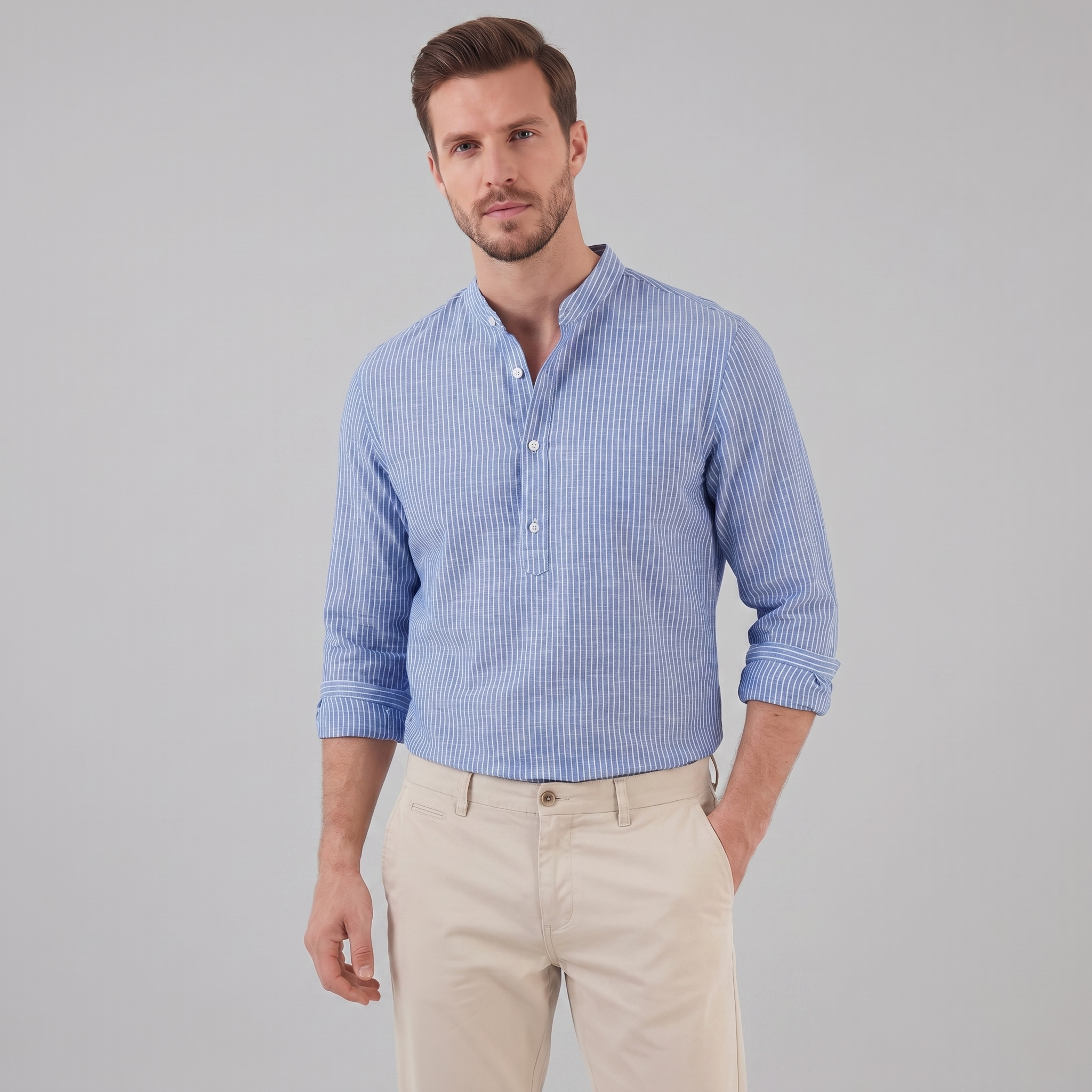 Herren Langarm Henley Shirt mit Streifen