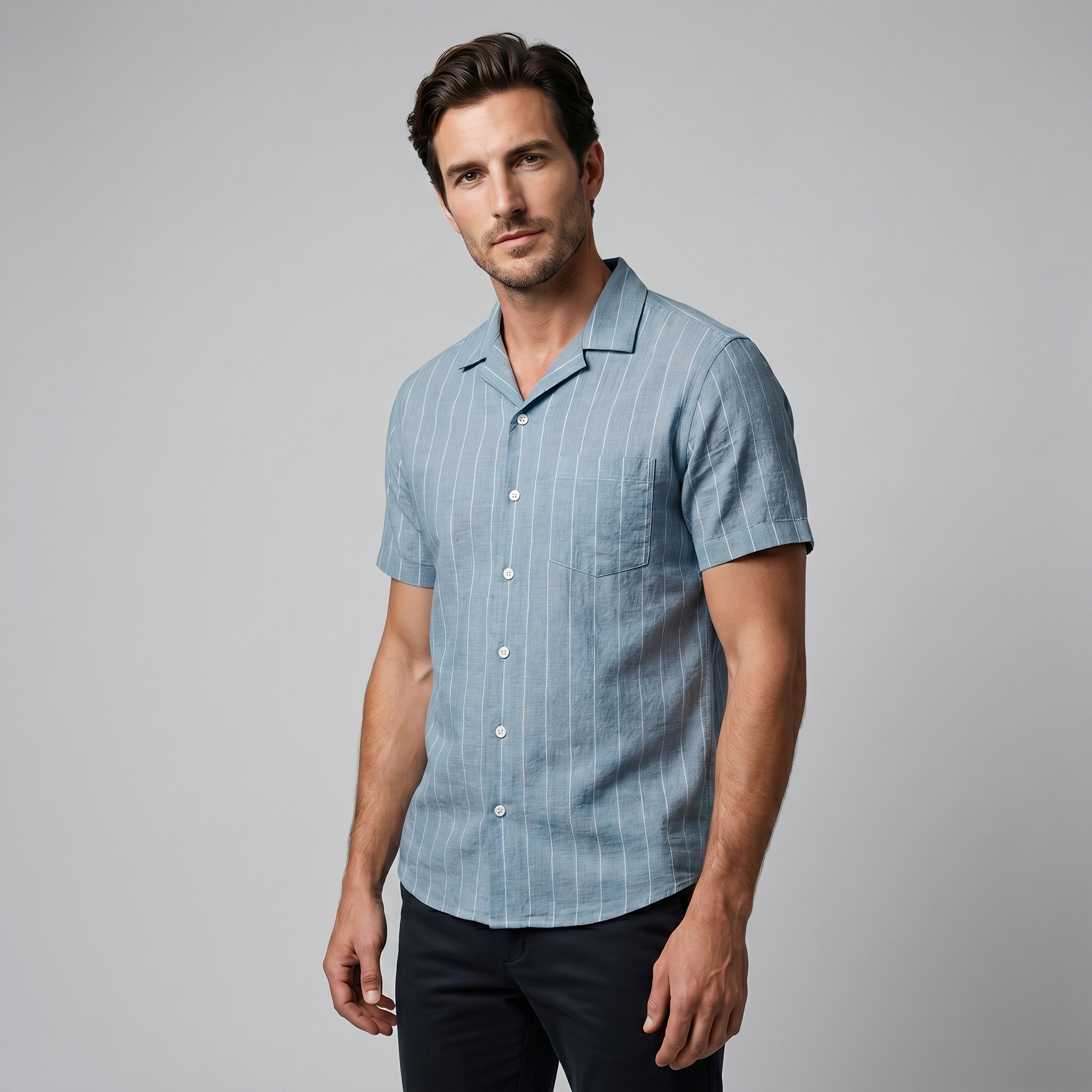 Herren Pinstripe Kurzarm Camp Hemd