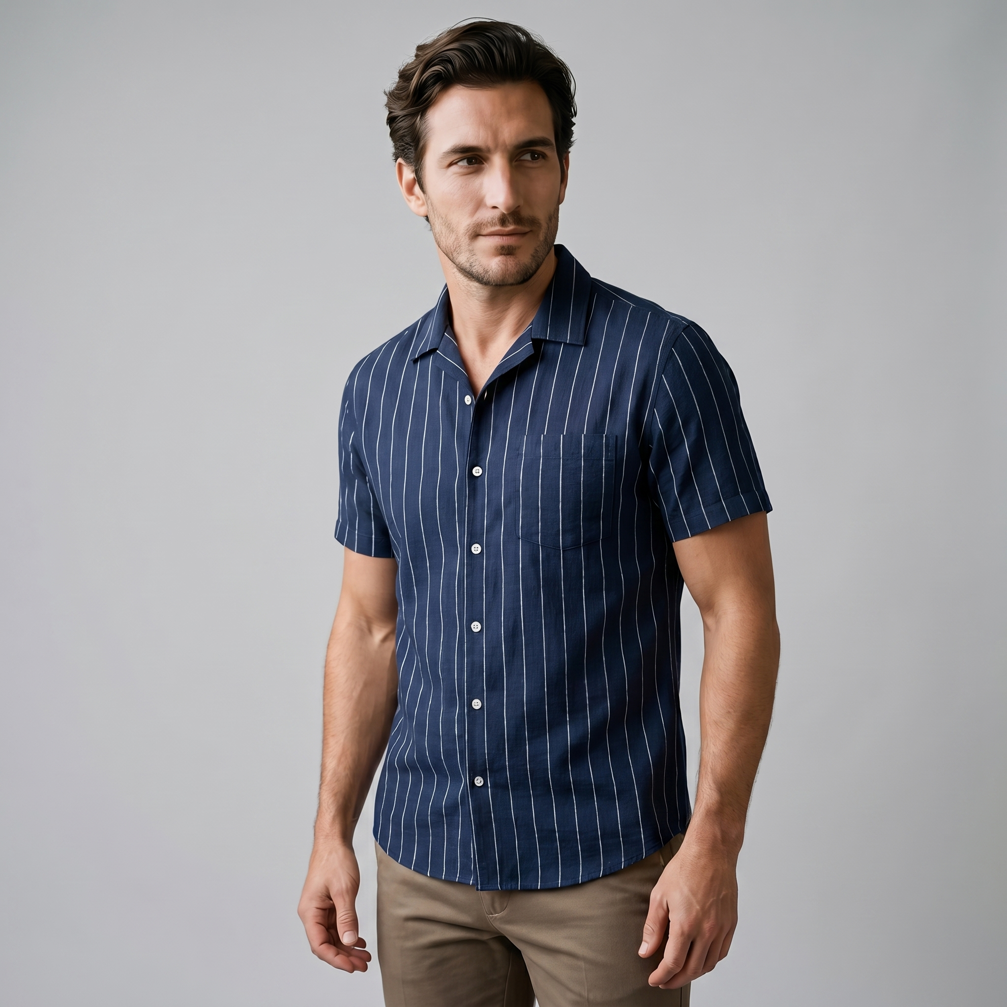 Herren Pinstripe Kurzarm Camp Hemd