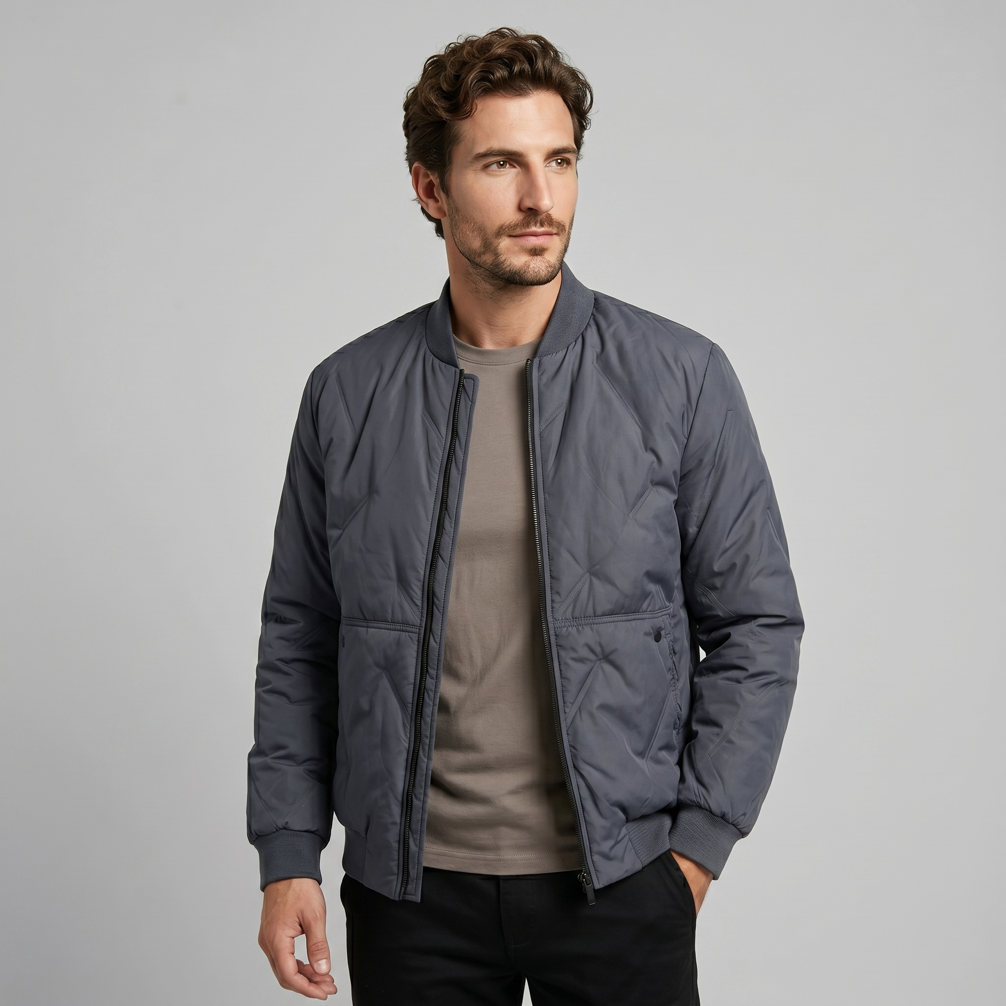 Herren Mittellange Gequiltete Bomberjacke