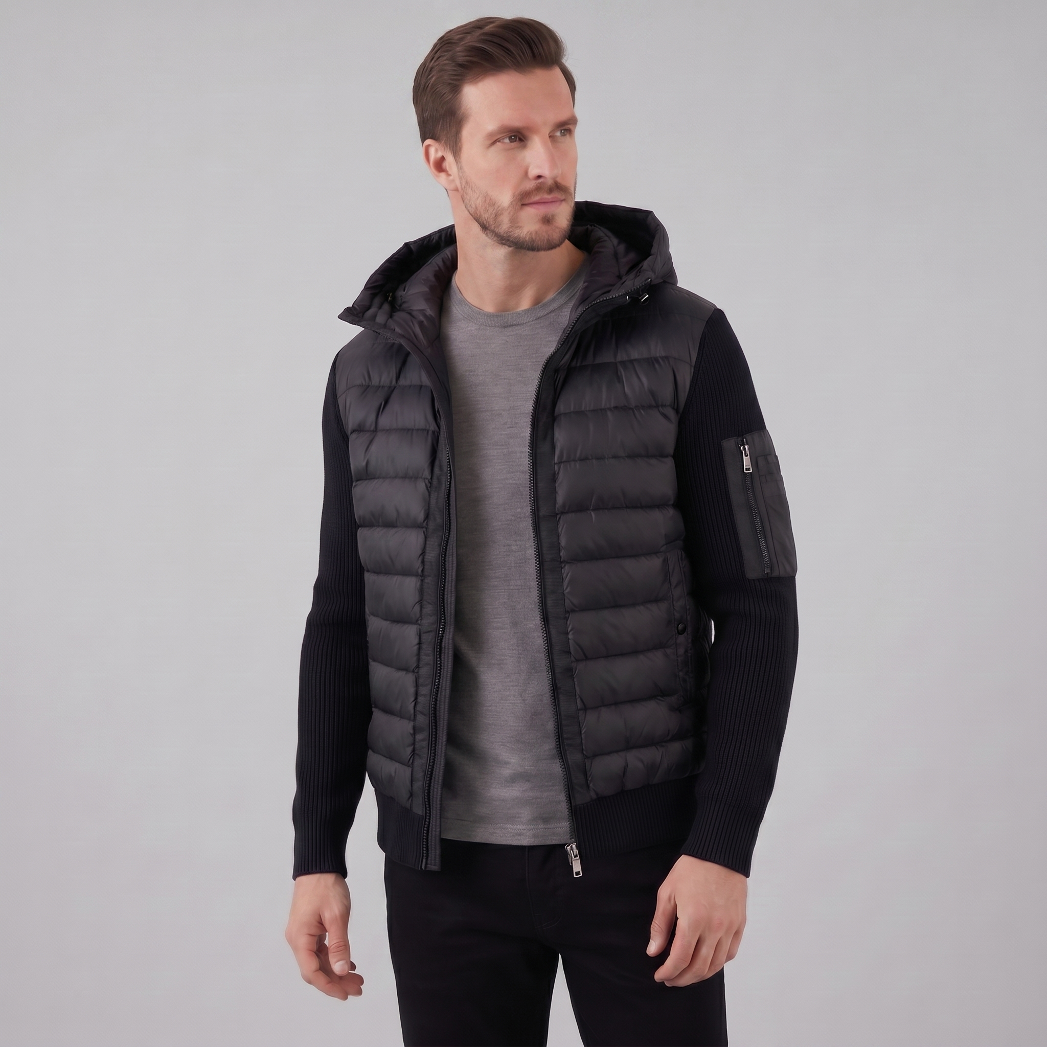 Herren Gesteppte Hybrid Kapuzenjacke