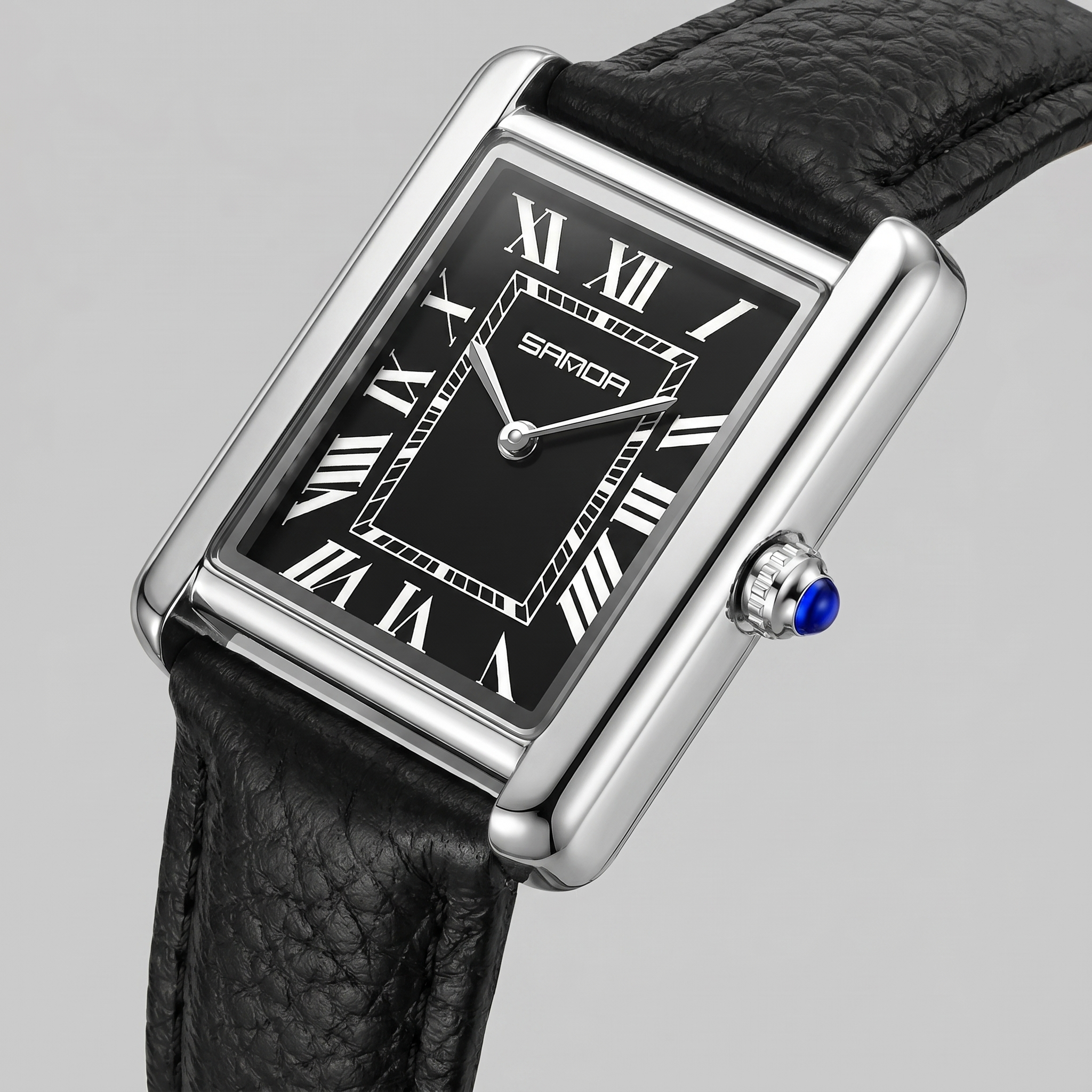 Herrenuhr mit rechteckigem Zifferblatt und Lederarmband