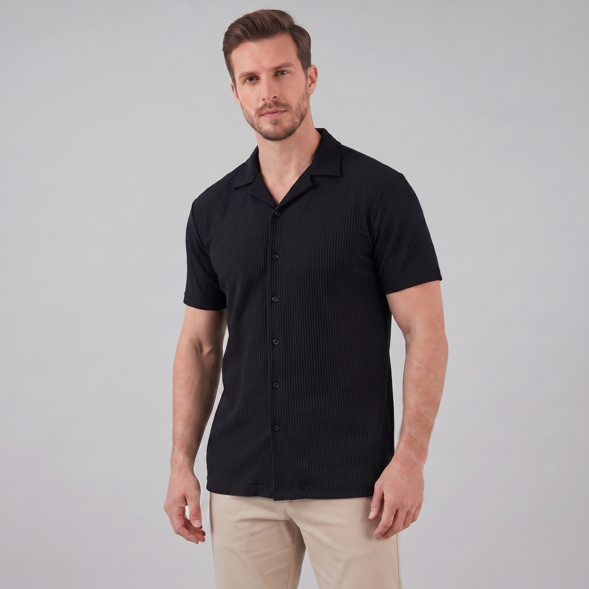 Herren Gerippter Cuban Kragen Hemd