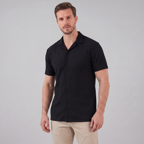 Herren Gerippter Cuban Kragen Hemd
