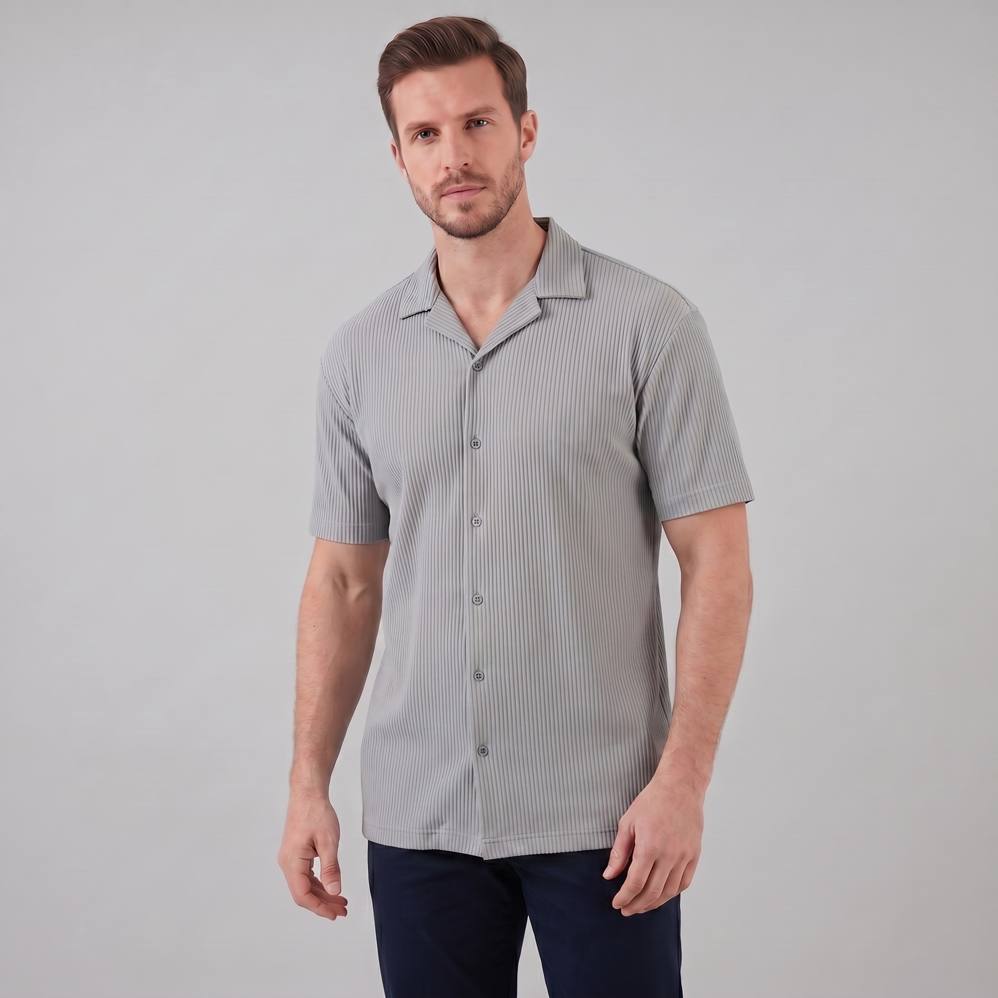 Herren Gerippter Cuban Kragen Hemd