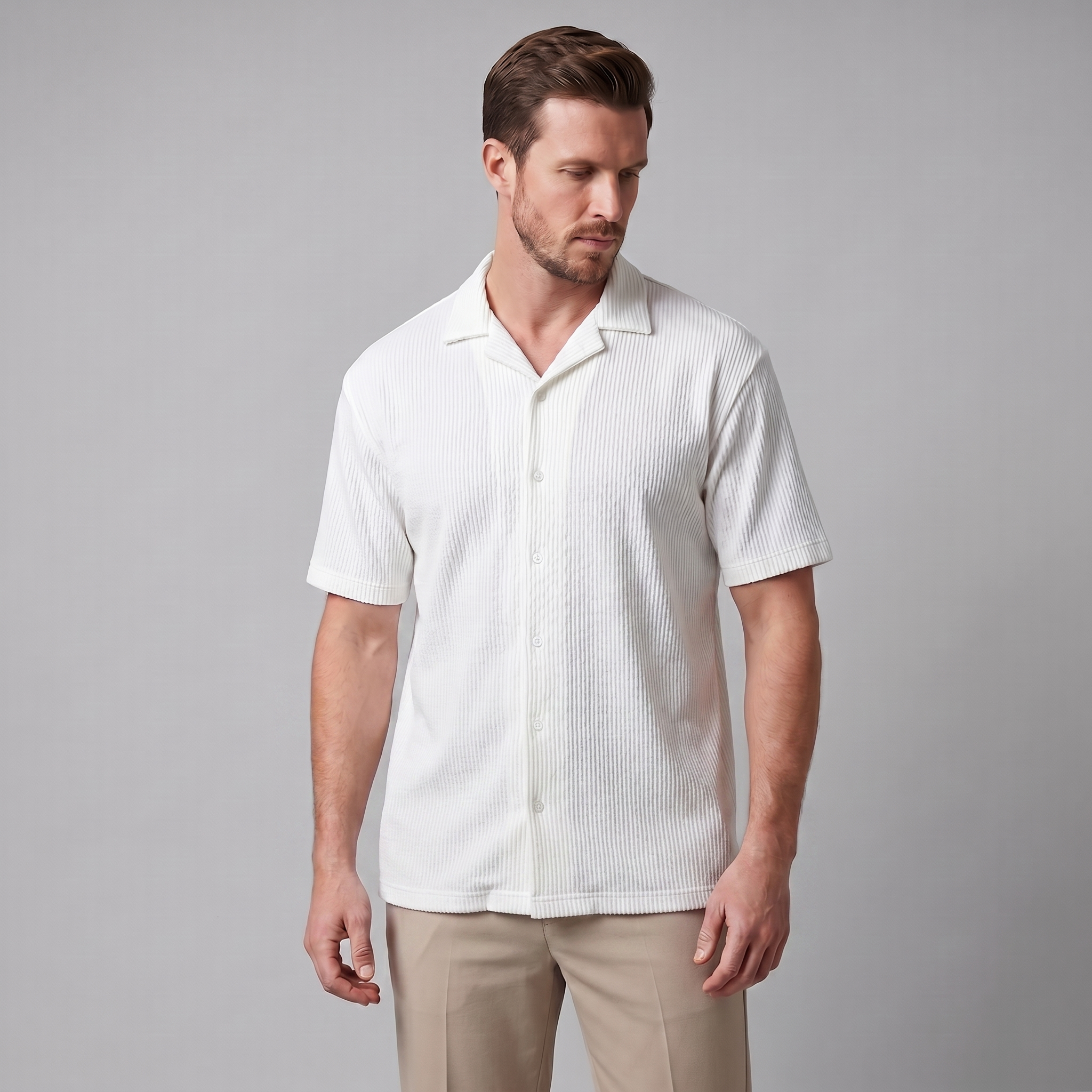 Herren Gerippter Cuban Kragen Hemd