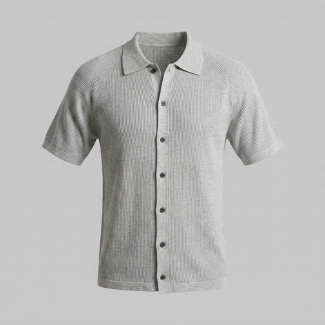 Herren Rippenstrick Polo mit Durchgehender Knopfleiste
