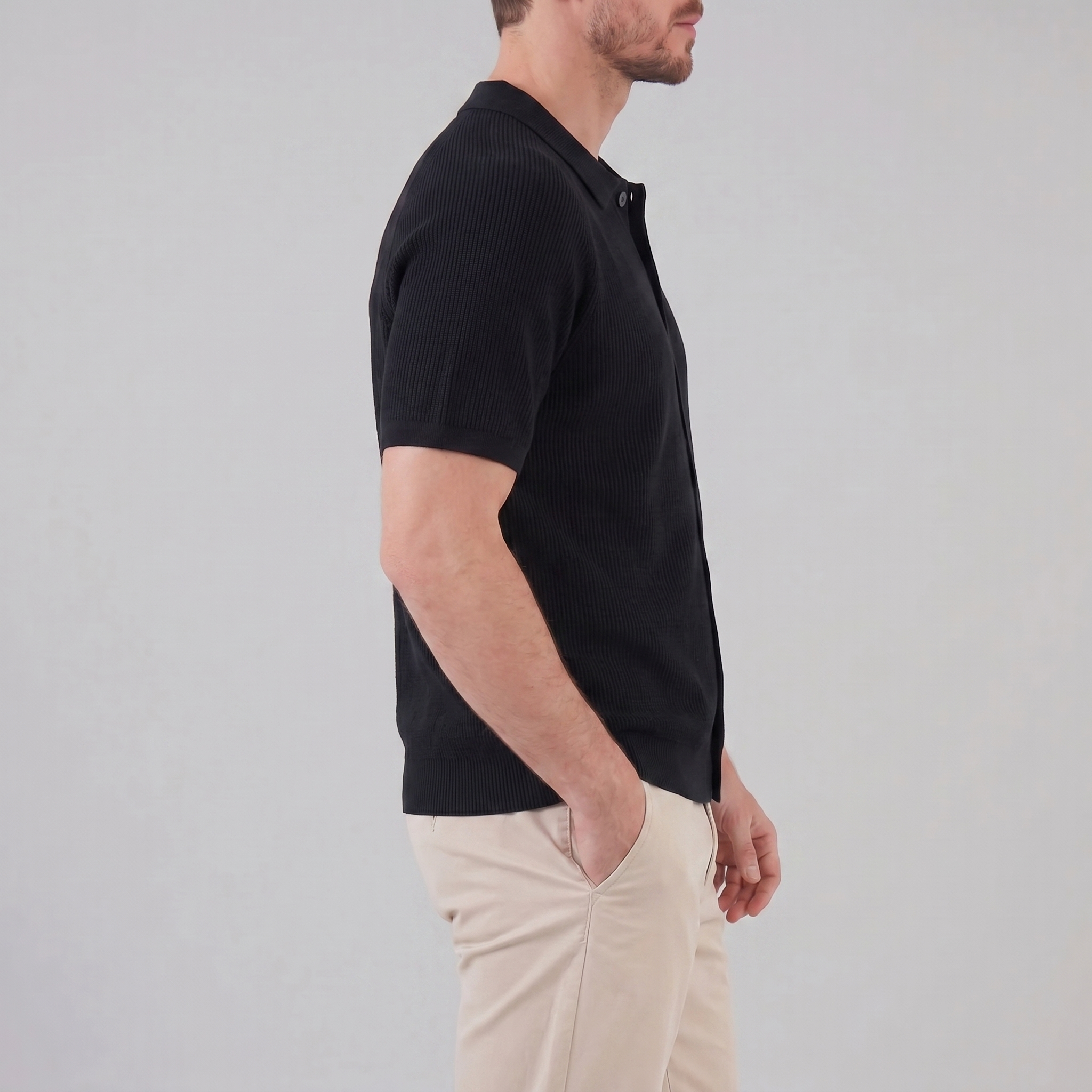 Herren Rippenstrick Polo mit Durchgehender Knopfleiste