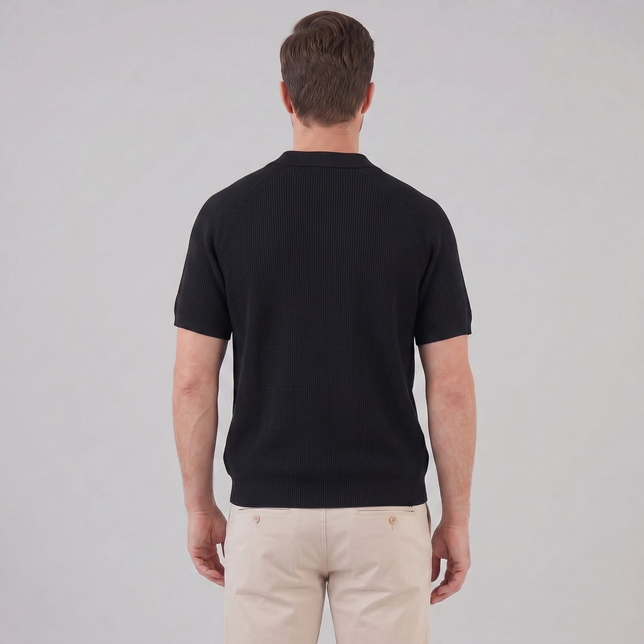Herren Rippenstrick Polo mit Durchgehender Knopfleiste