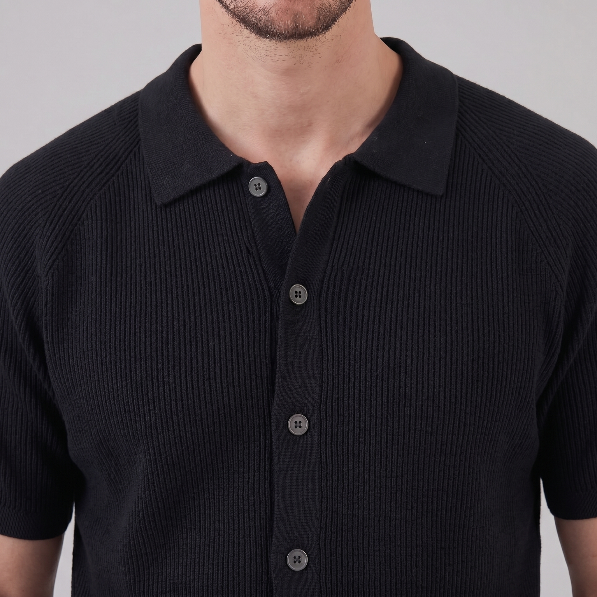 Herren Rippenstrick Polo mit Durchgehender Knopfleiste