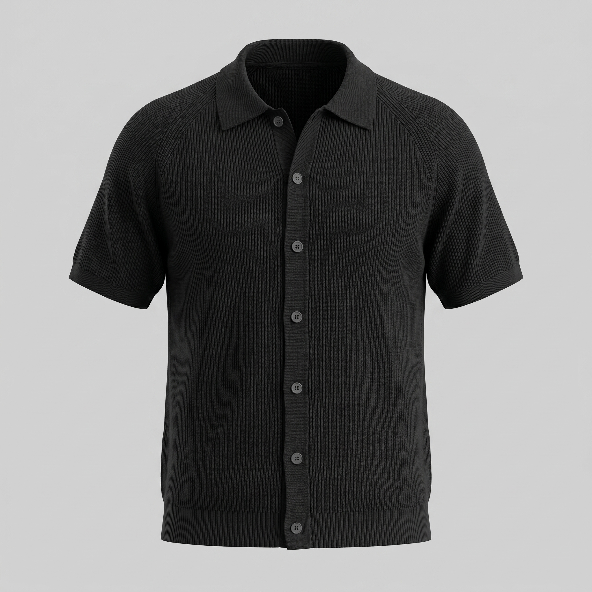 Herren Rippenstrick Polo mit Durchgehender Knopfleiste