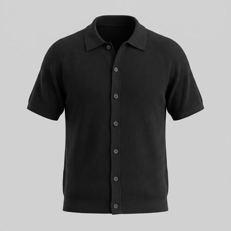 Herren Rippenstrick Polo mit Durchgehender Knopfleiste