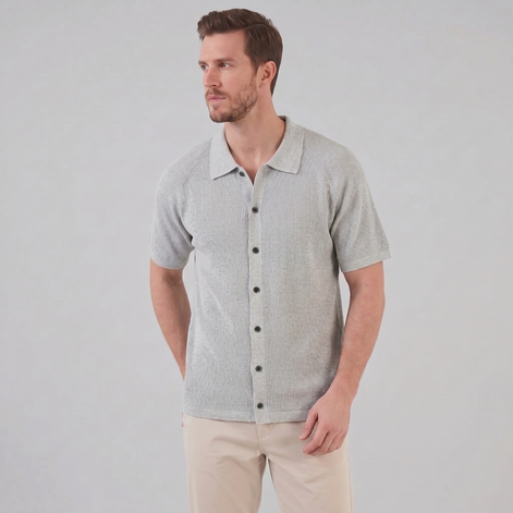 Herren Rippenstrick Polo mit Durchgehender Knopfleiste