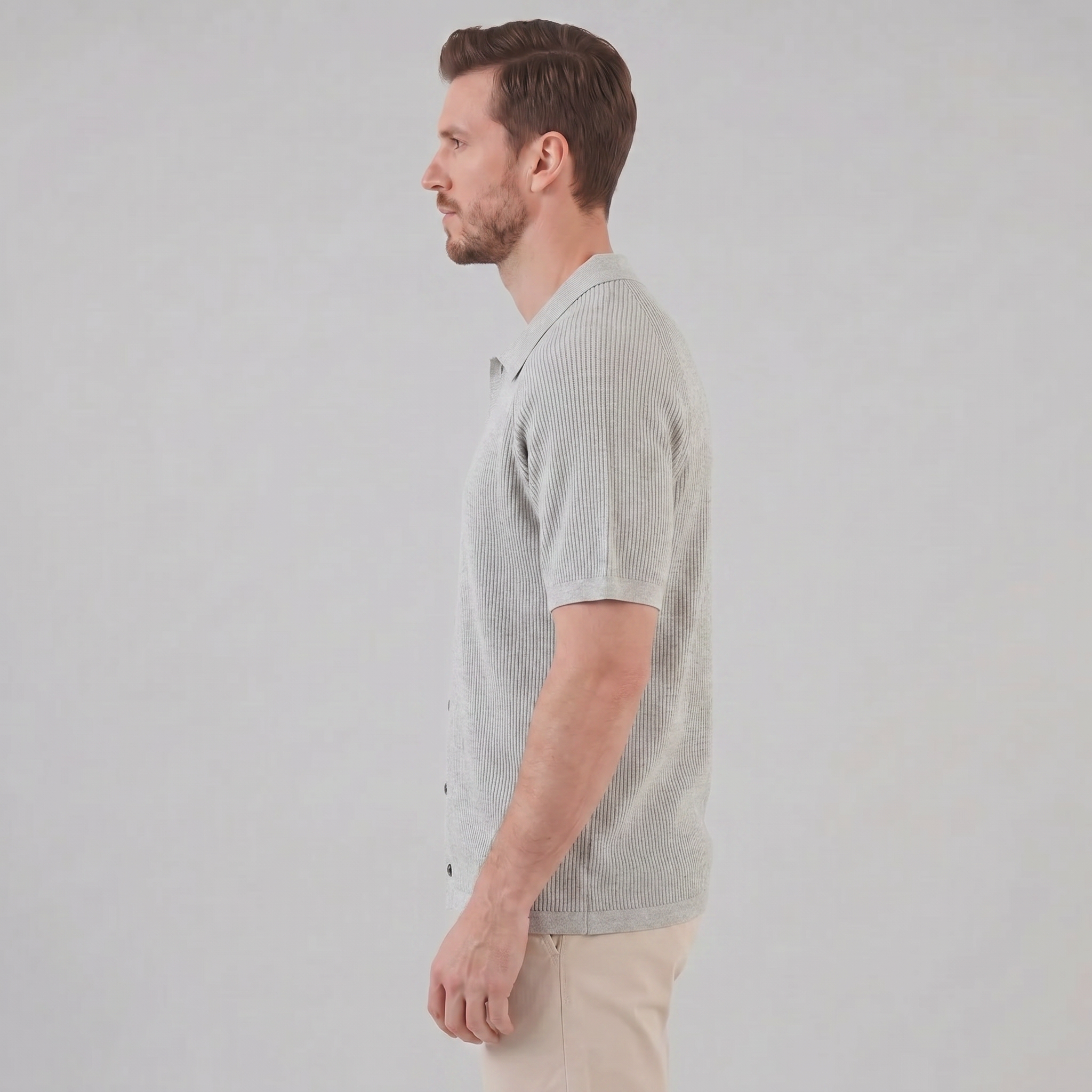 Herren Rippenstrick Polo mit Durchgehender Knopfleiste