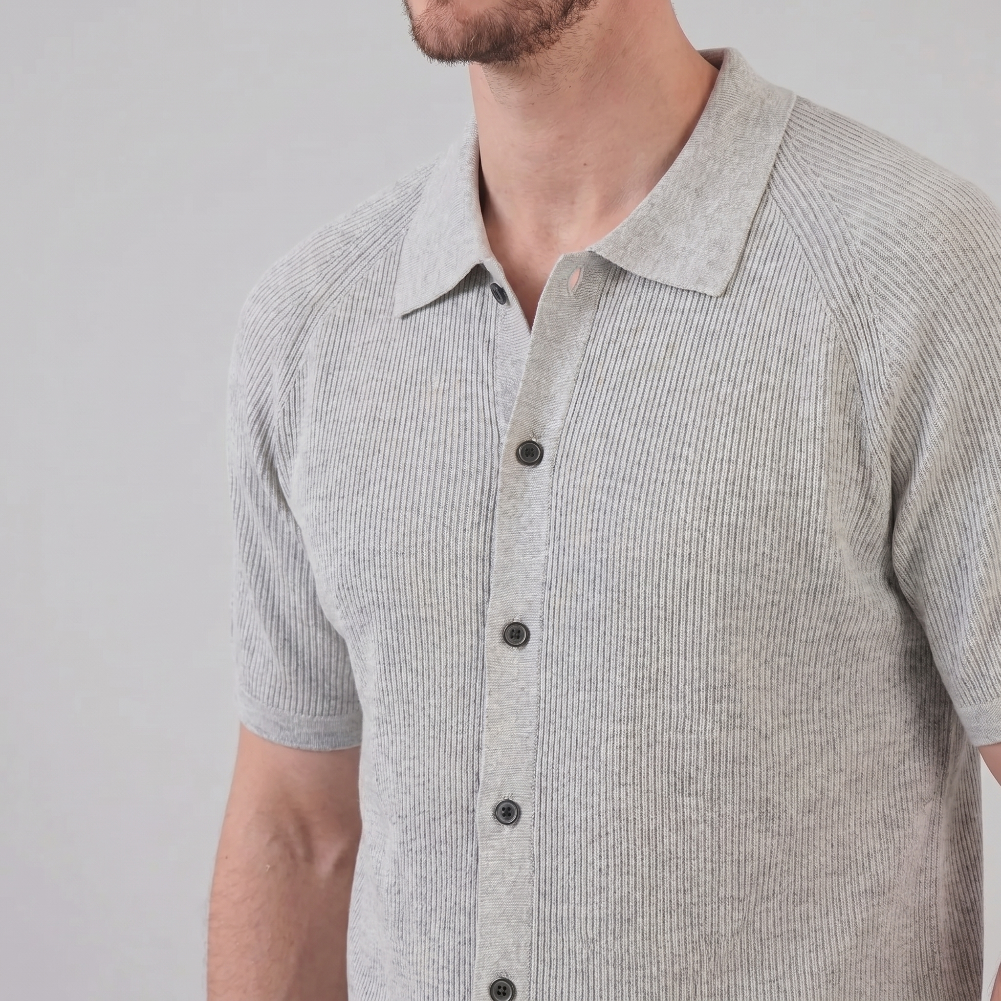 Herren Rippenstrick Polo mit Durchgehender Knopfleiste
