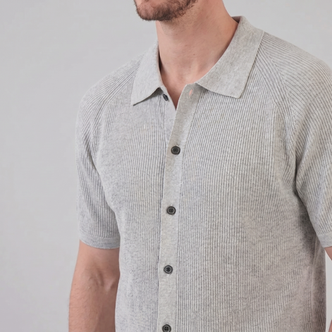 Herren Rippenstrick Polo mit Durchgehender Knopfleiste