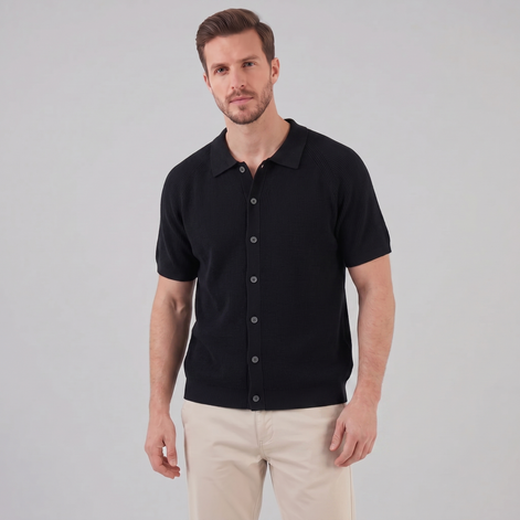 Herren Rippenstrick Polo mit Durchgehender Knopfleiste