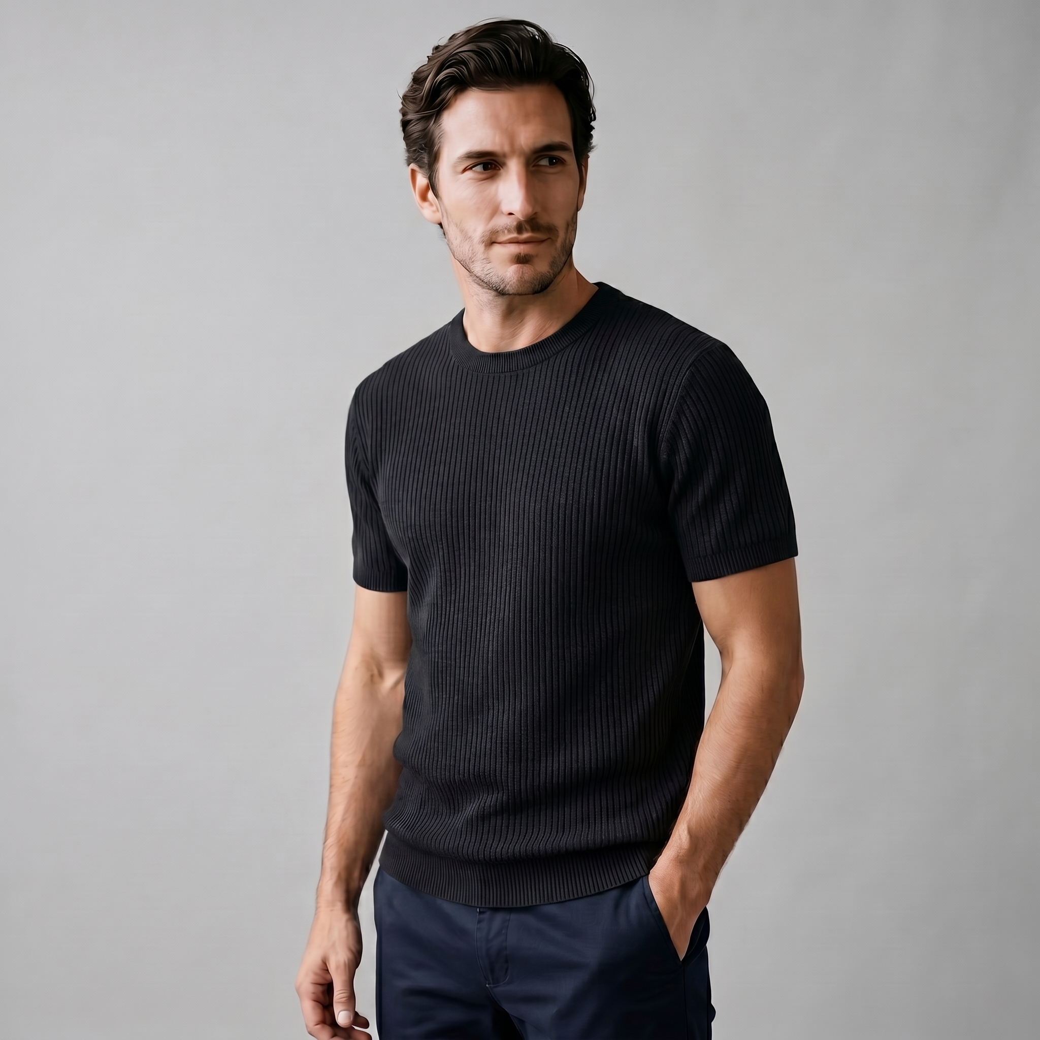 Herren Rippstrick Rundhals T Shirt