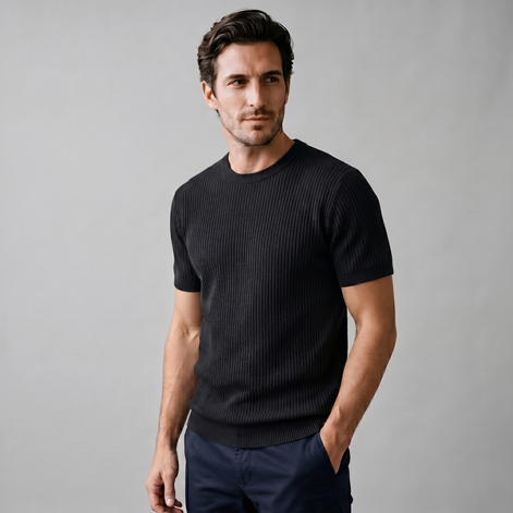 Herren Rippstrick Rundhals T Shirt