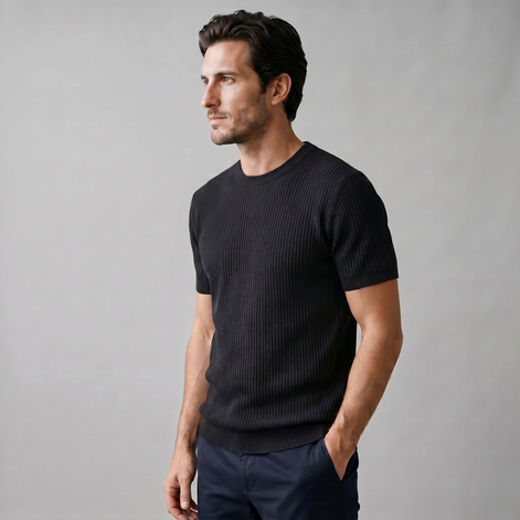 Herren Rippstrick Rundhals T Shirt